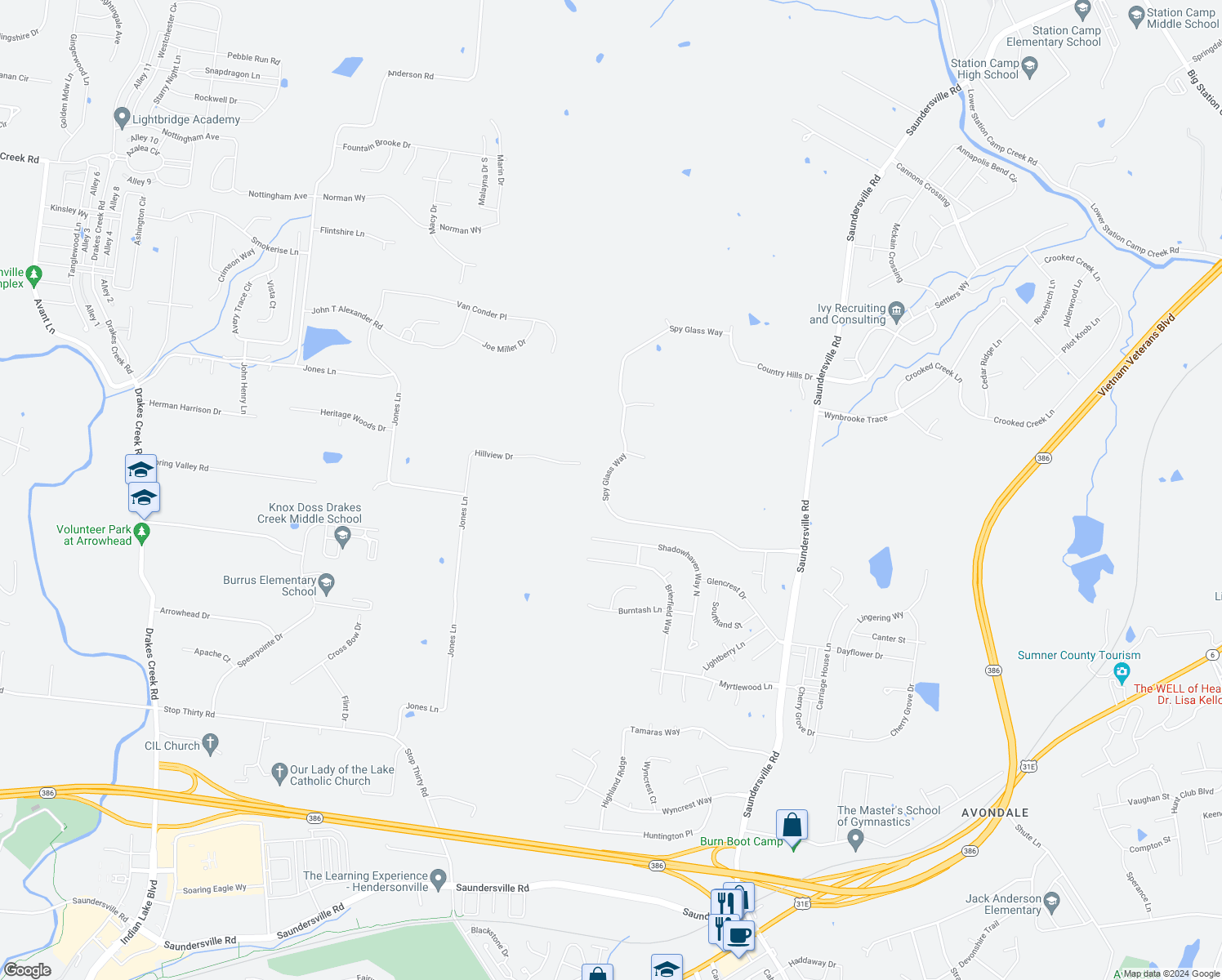 map of restaurants, bars, coffee shops, grocery stores, and more near 179 Spy Glass Way in Hendersonville