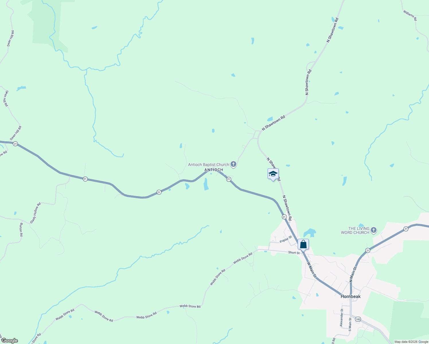 map of restaurants, bars, coffee shops, grocery stores, and more near 4499 West Highway 21 in Hornbeak