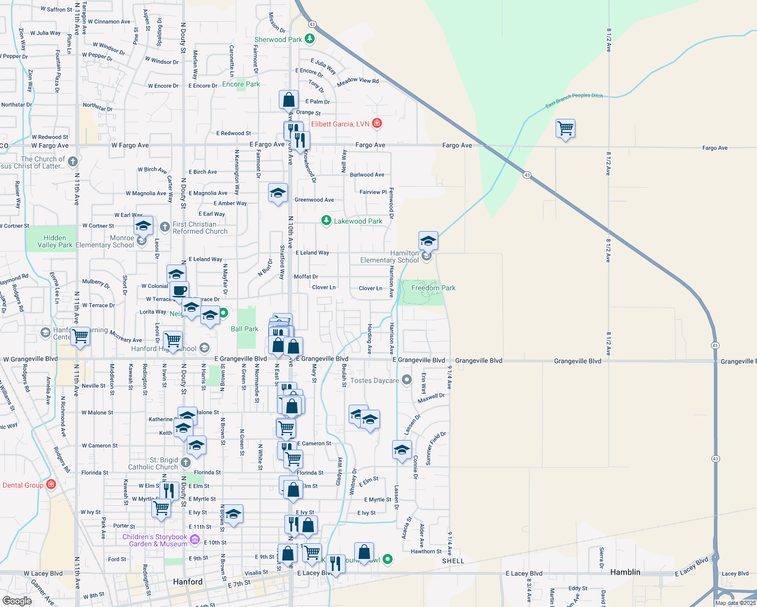 map of restaurants, bars, coffee shops, grocery stores, and more near 1029 East Terrace Drive in Hanford