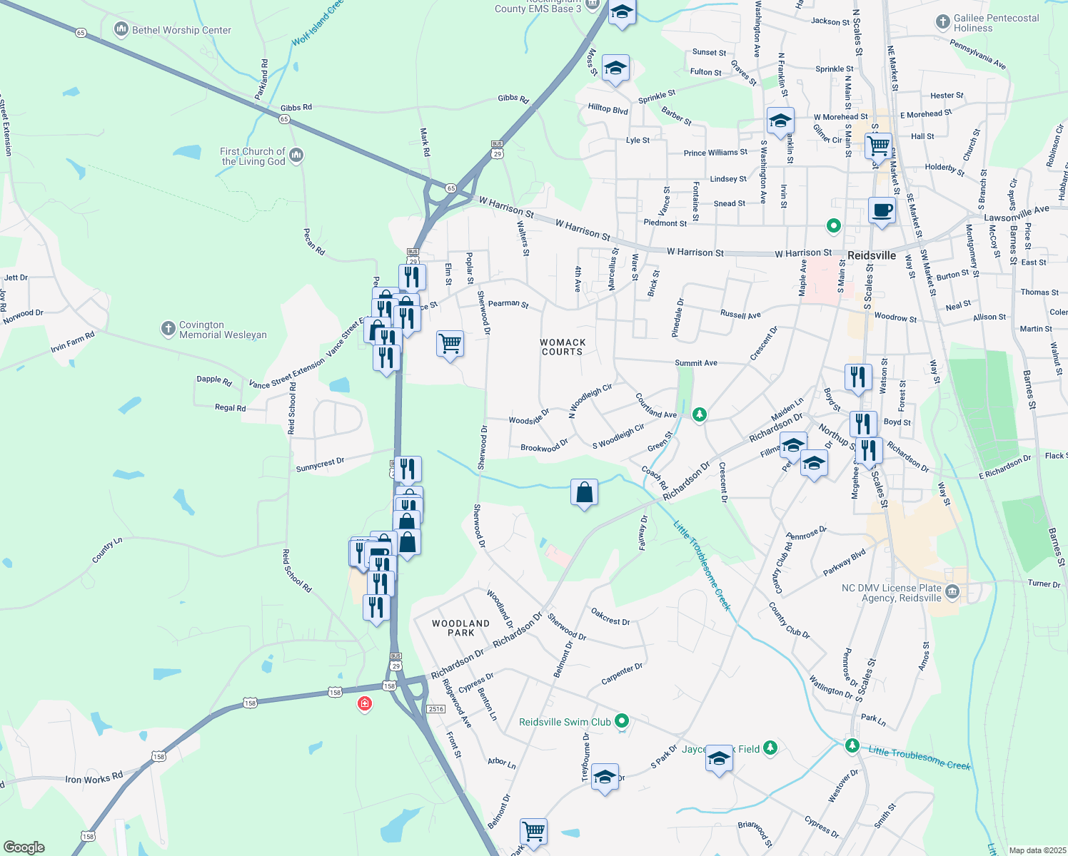 map of restaurants, bars, coffee shops, grocery stores, and more near 1501 Woodside Dr in Reidsville