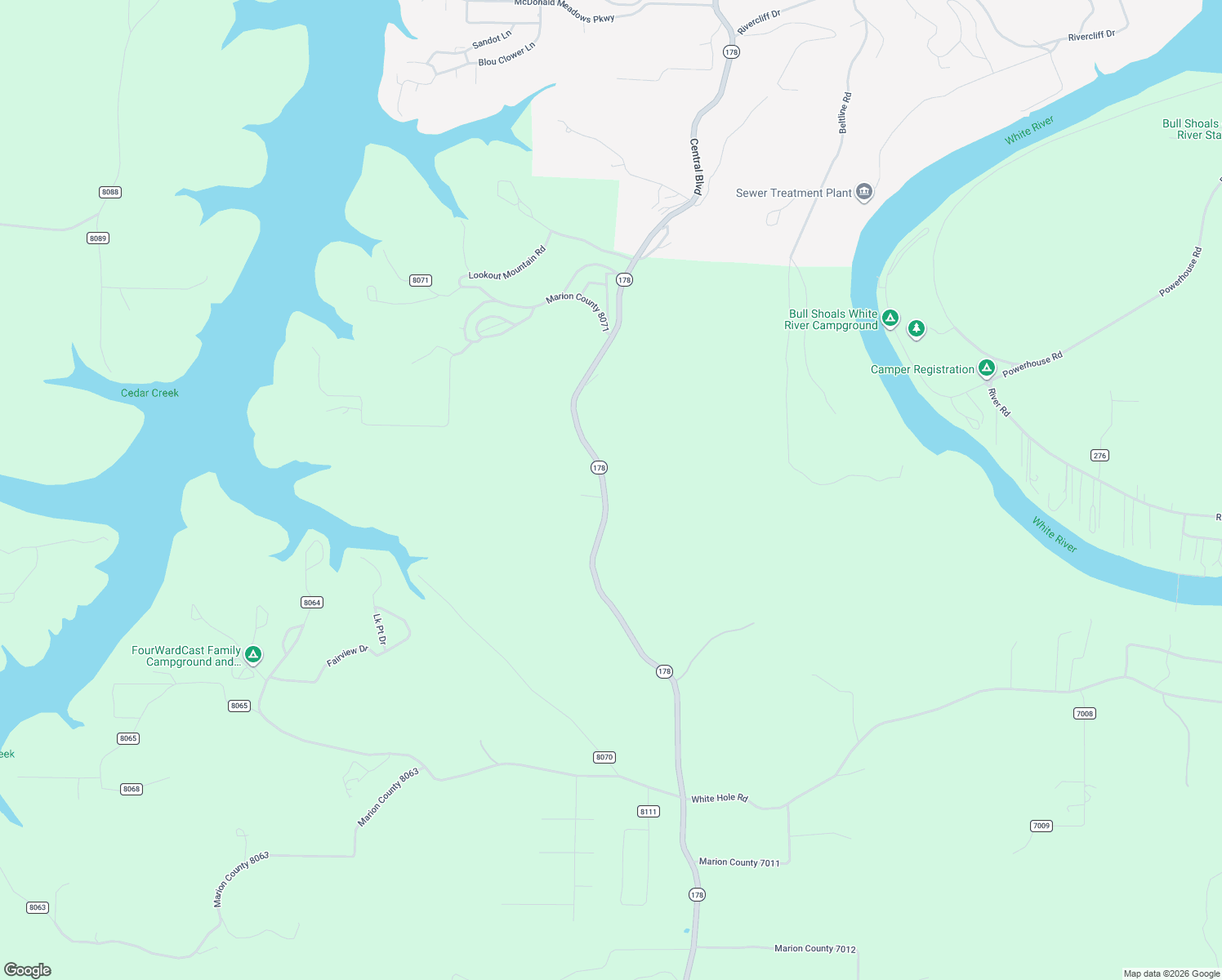 map of restaurants, bars, coffee shops, grocery stores, and more near 5221 Arkansas 178 in Flippin