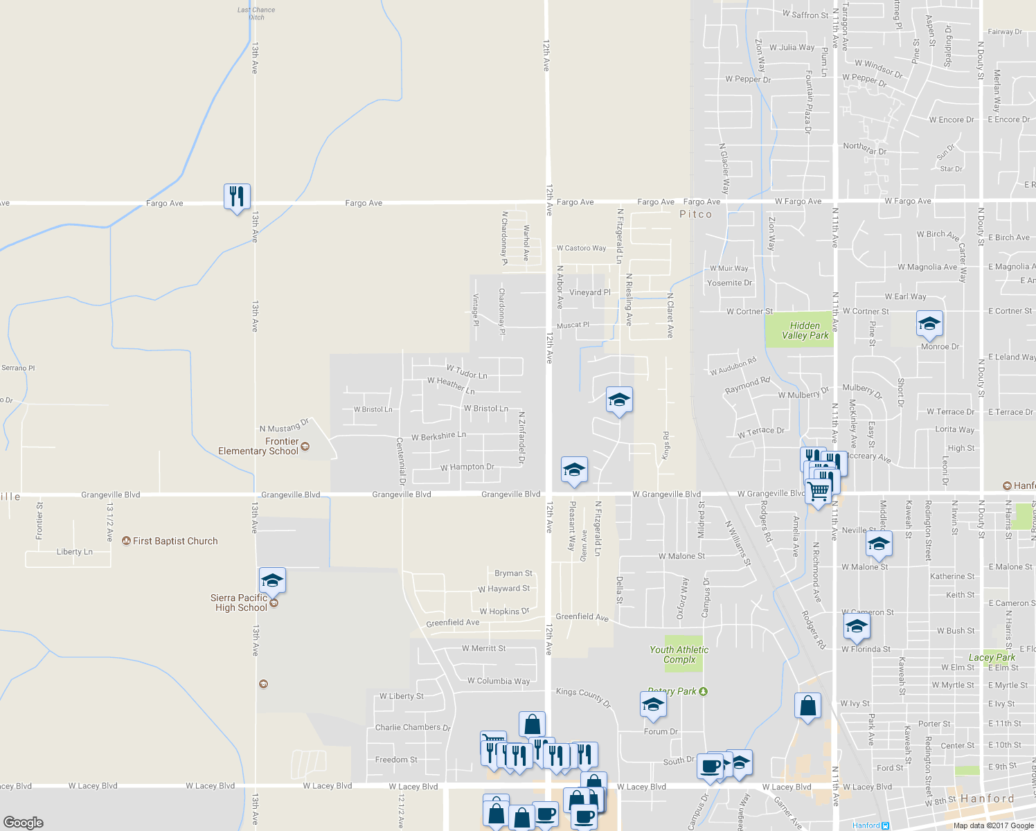 map of restaurants, bars, coffee shops, grocery stores, and more near 1936 North Zinfandel Drive in Hanford