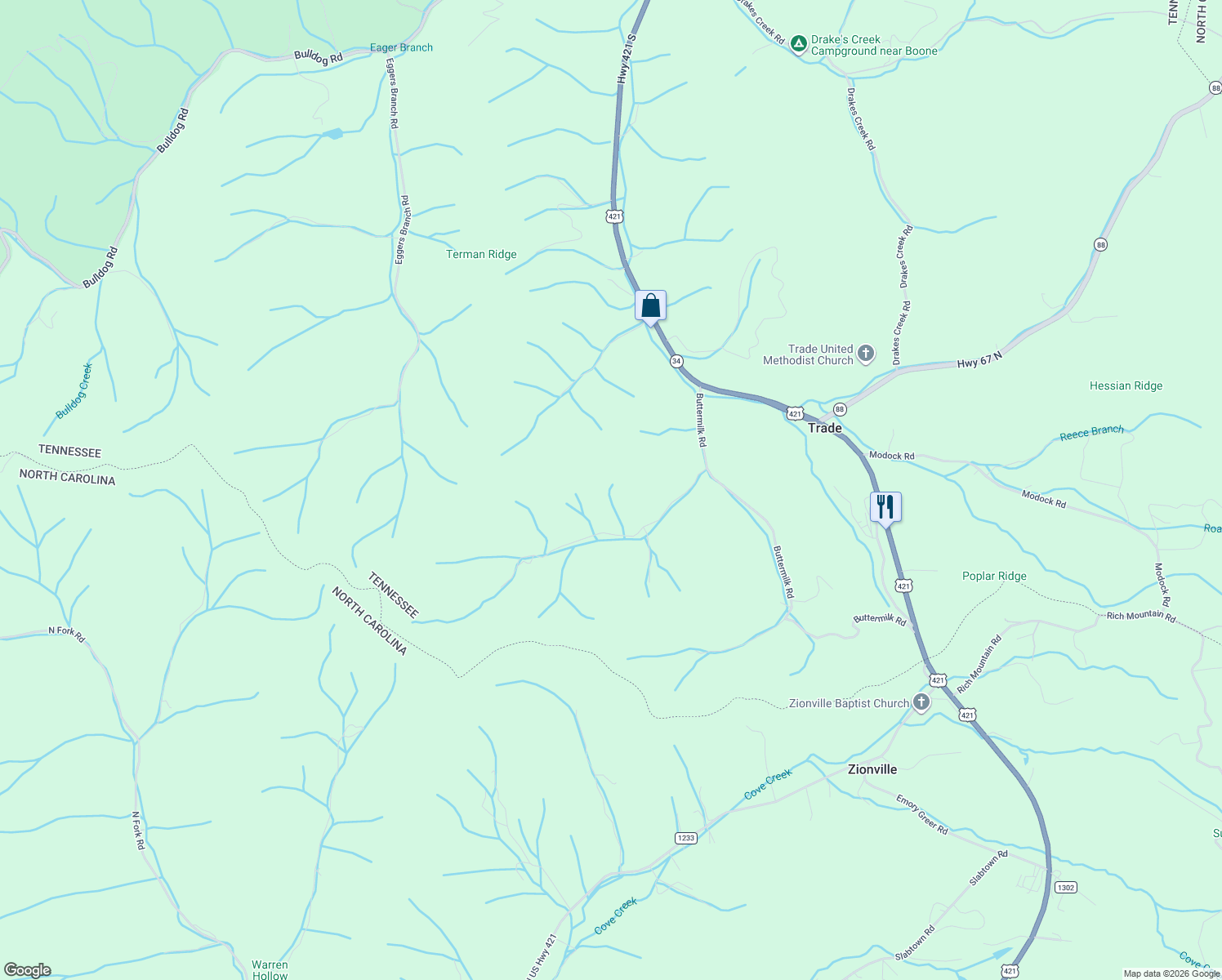 map of restaurants, bars, coffee shops, grocery stores, and more near 442 Miller Rd in Trade
