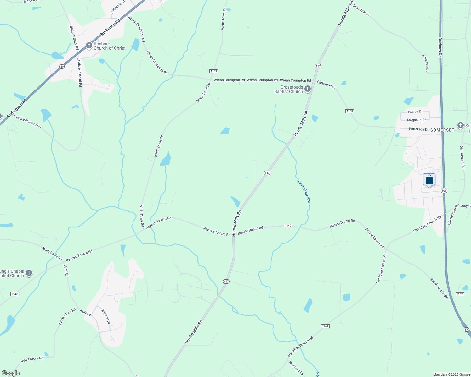 map of restaurants, bars, coffee shops, grocery stores, and more near 3672 Hurdle Mills Road in Roxboro