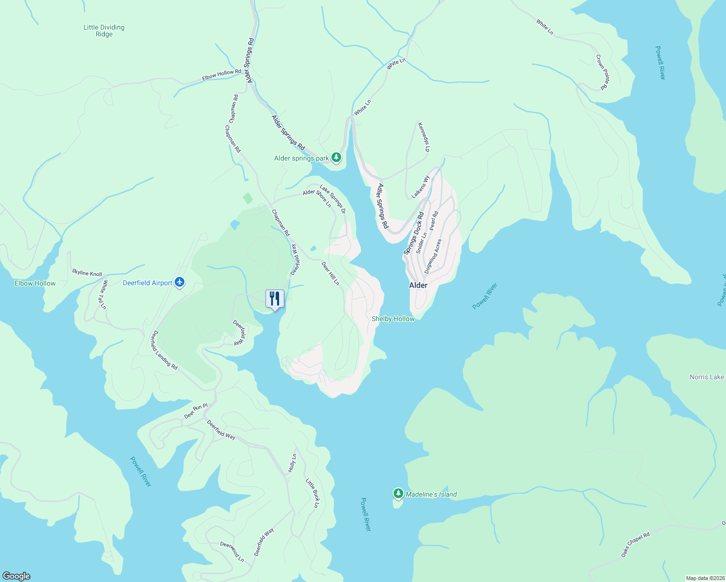 map of restaurants, bars, coffee shops, grocery stores, and more near 481 Lake Springs Drive in LaFollette