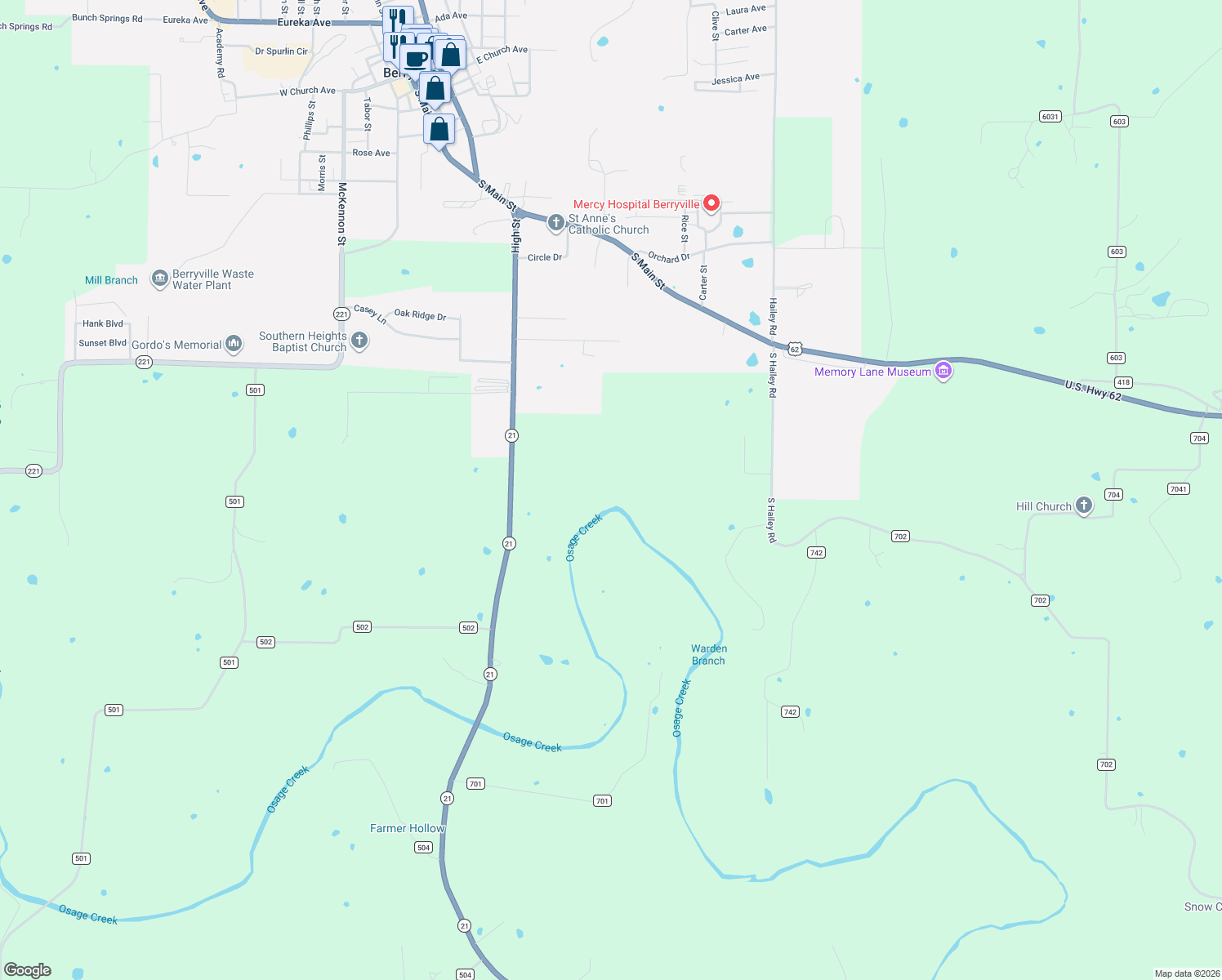 map of restaurants, bars, coffee shops, grocery stores, and more near in Berryville