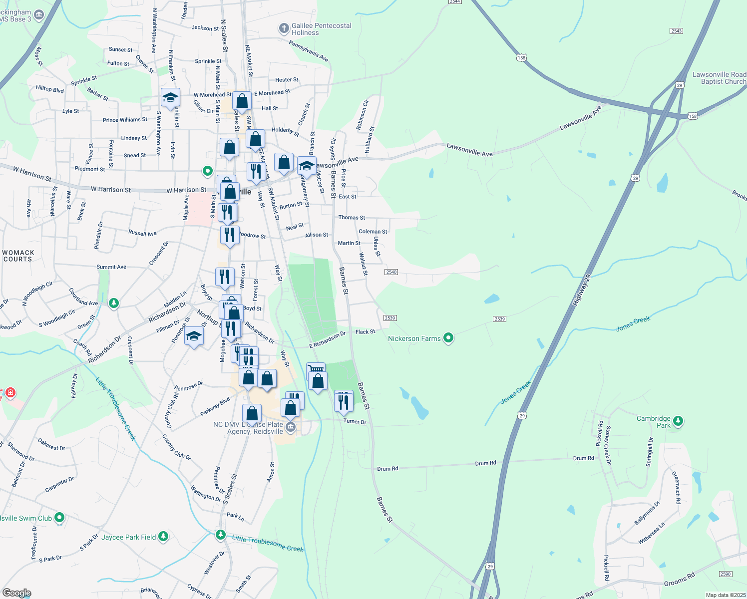 map of restaurants, bars, coffee shops, grocery stores, and more near 1501 Walnut Street in Reidsville