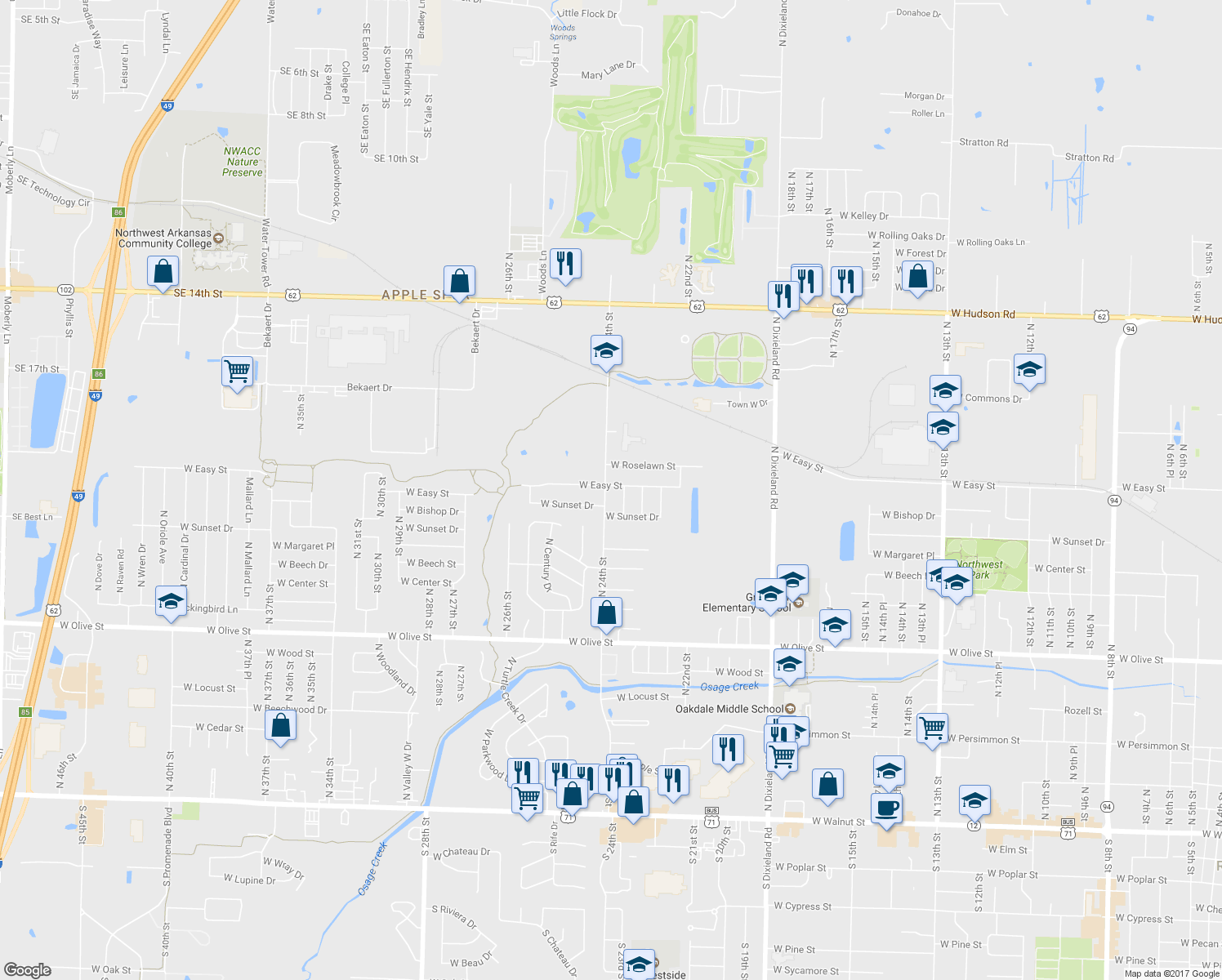 map of restaurants, bars, coffee shops, grocery stores, and more near 1211 North 24th Street in Rogers