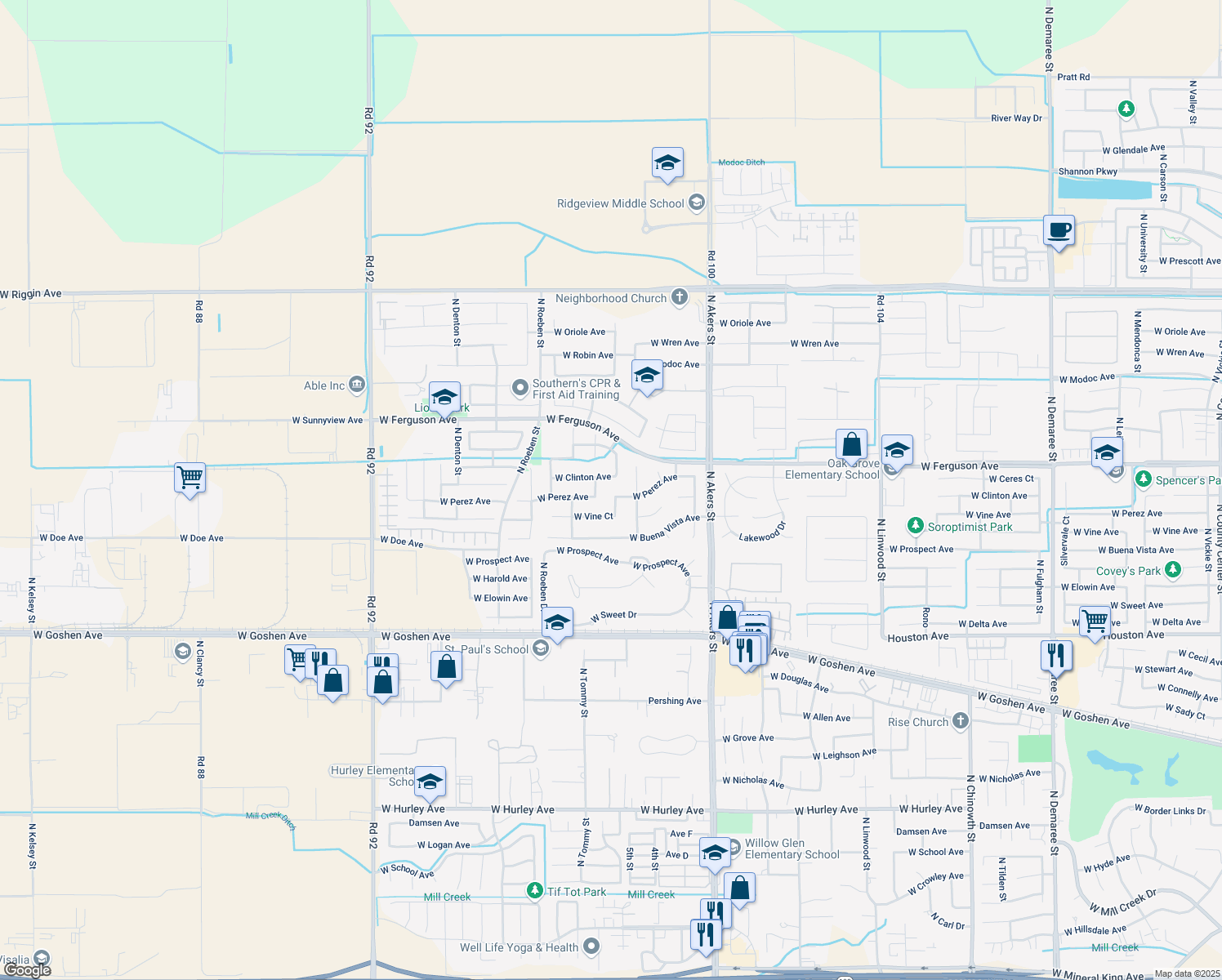 map of restaurants, bars, coffee shops, grocery stores, and more near 5650 W Perez Ave in Visalia