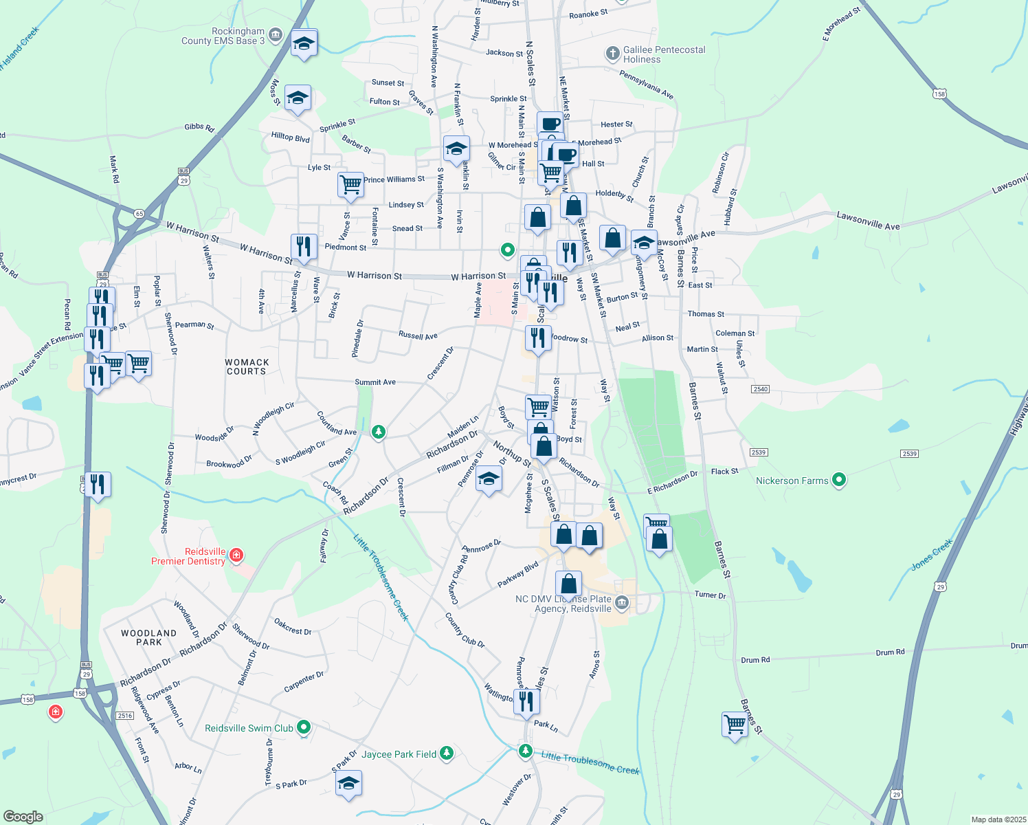 map of restaurants, bars, coffee shops, grocery stores, and more near 513 Silver Street in Reidsville