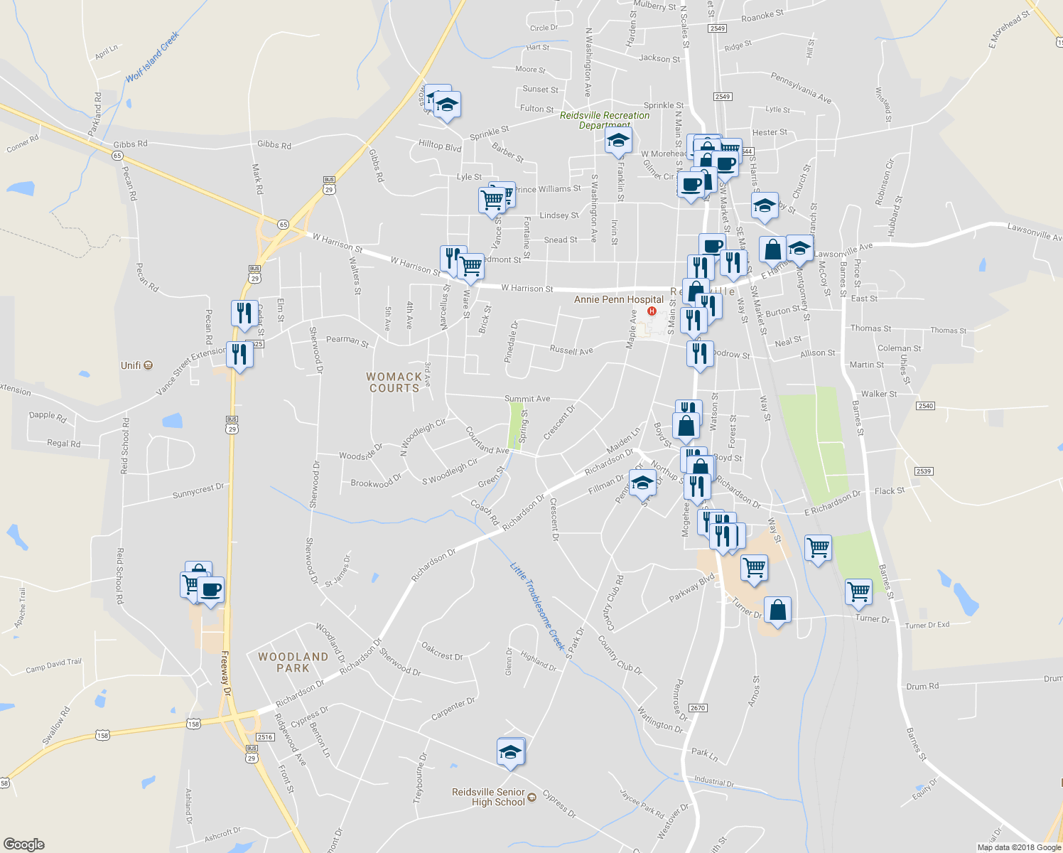 map of restaurants, bars, coffee shops, grocery stores, and more near 813 Spring Street in Reidsville