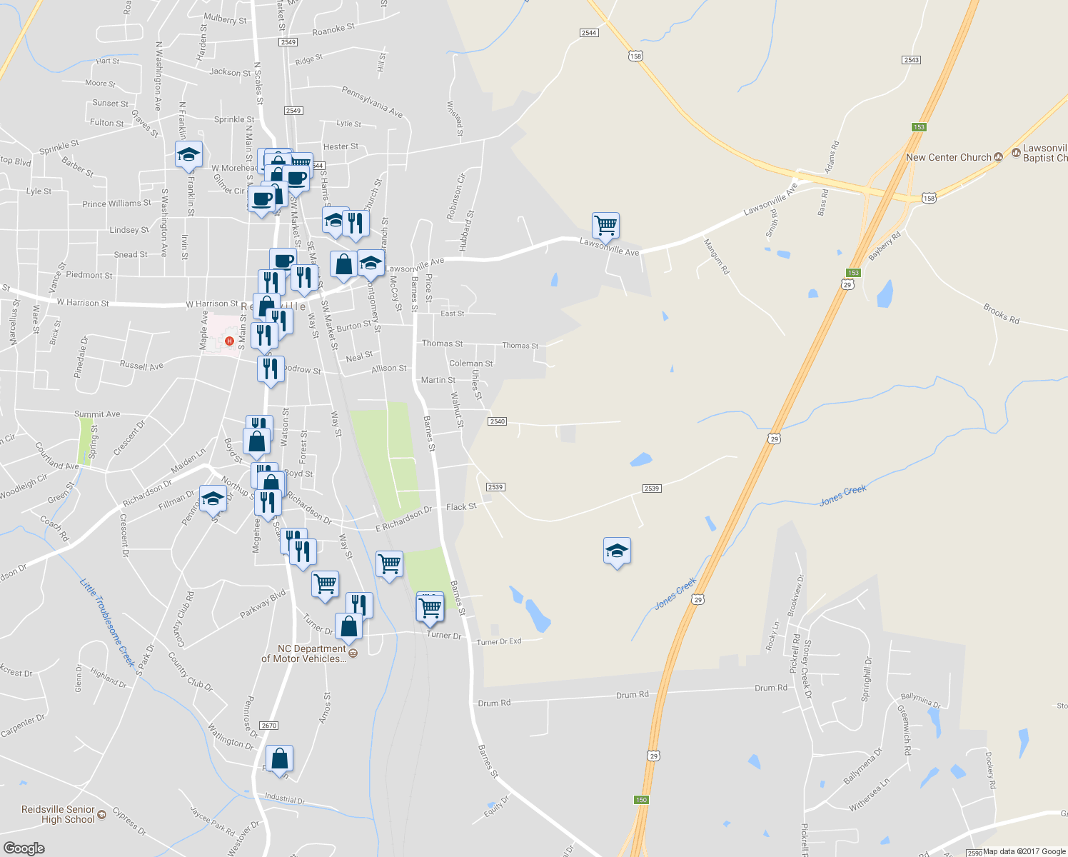 map of restaurants, bars, coffee shops, grocery stores, and more near 833 Walker Street in Reidsville