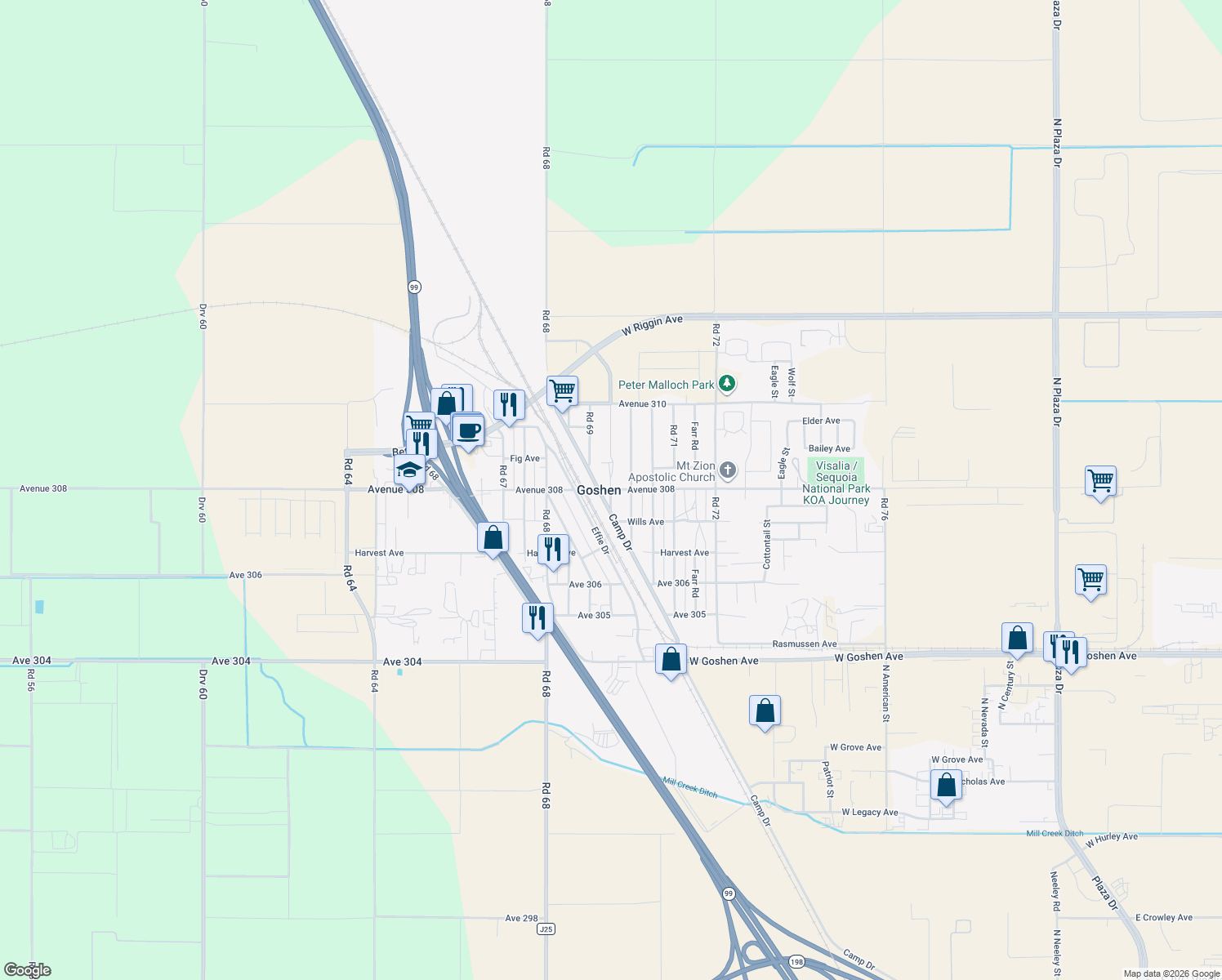 map of restaurants, bars, coffee shops, grocery stores, and more near Robinson Road in Visalia