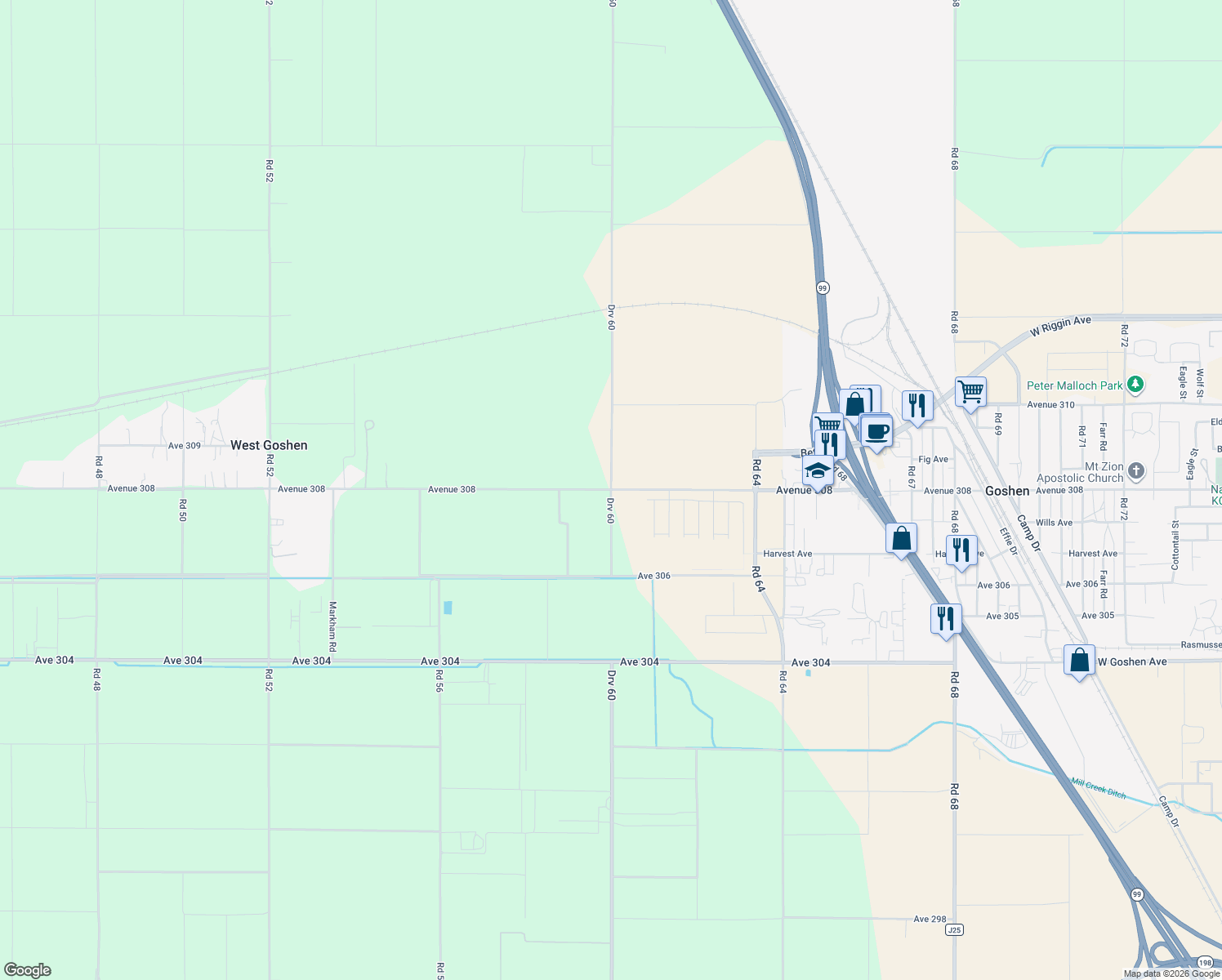 map of restaurants, bars, coffee shops, grocery stores, and more near 5999 Ave 308 in Visalia