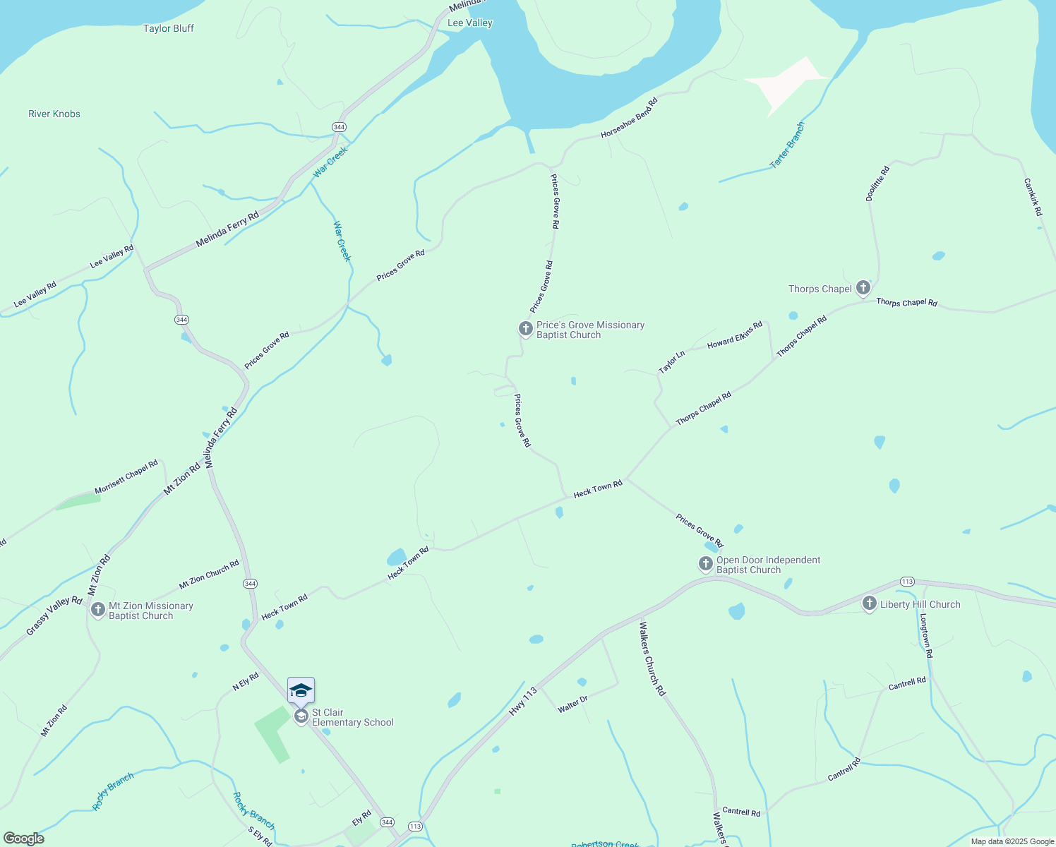 map of restaurants, bars, coffee shops, grocery stores, and more near 364 Prices Grove Road in Rogersville