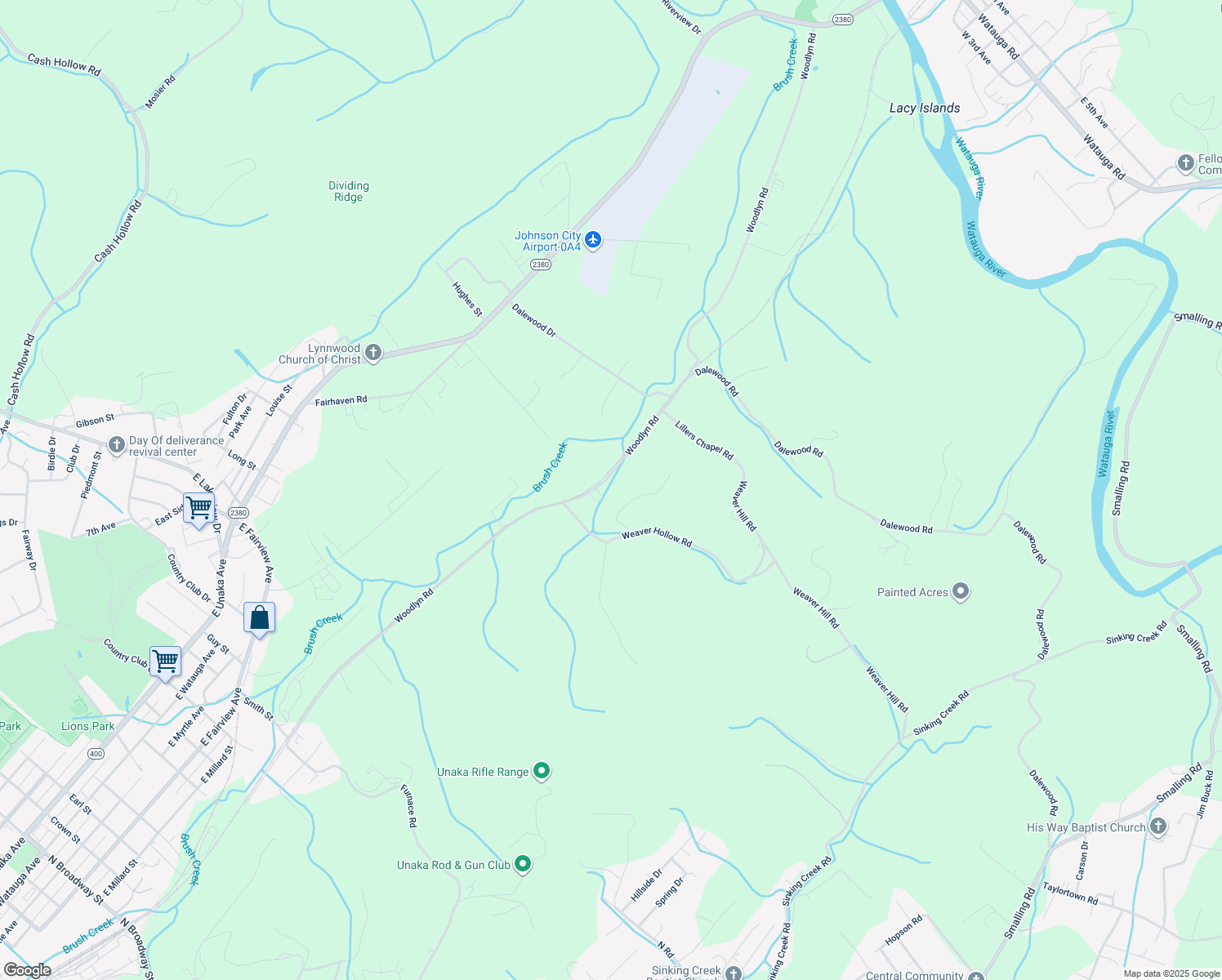 map of restaurants, bars, coffee shops, grocery stores, and more near 409 Woodlyn Road in Johnson City