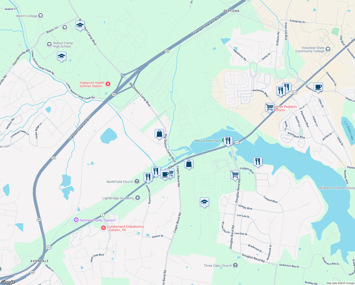 map of restaurants, bars, coffee shops, grocery stores, and more near 1006 Lakeland Drive in Gallatin