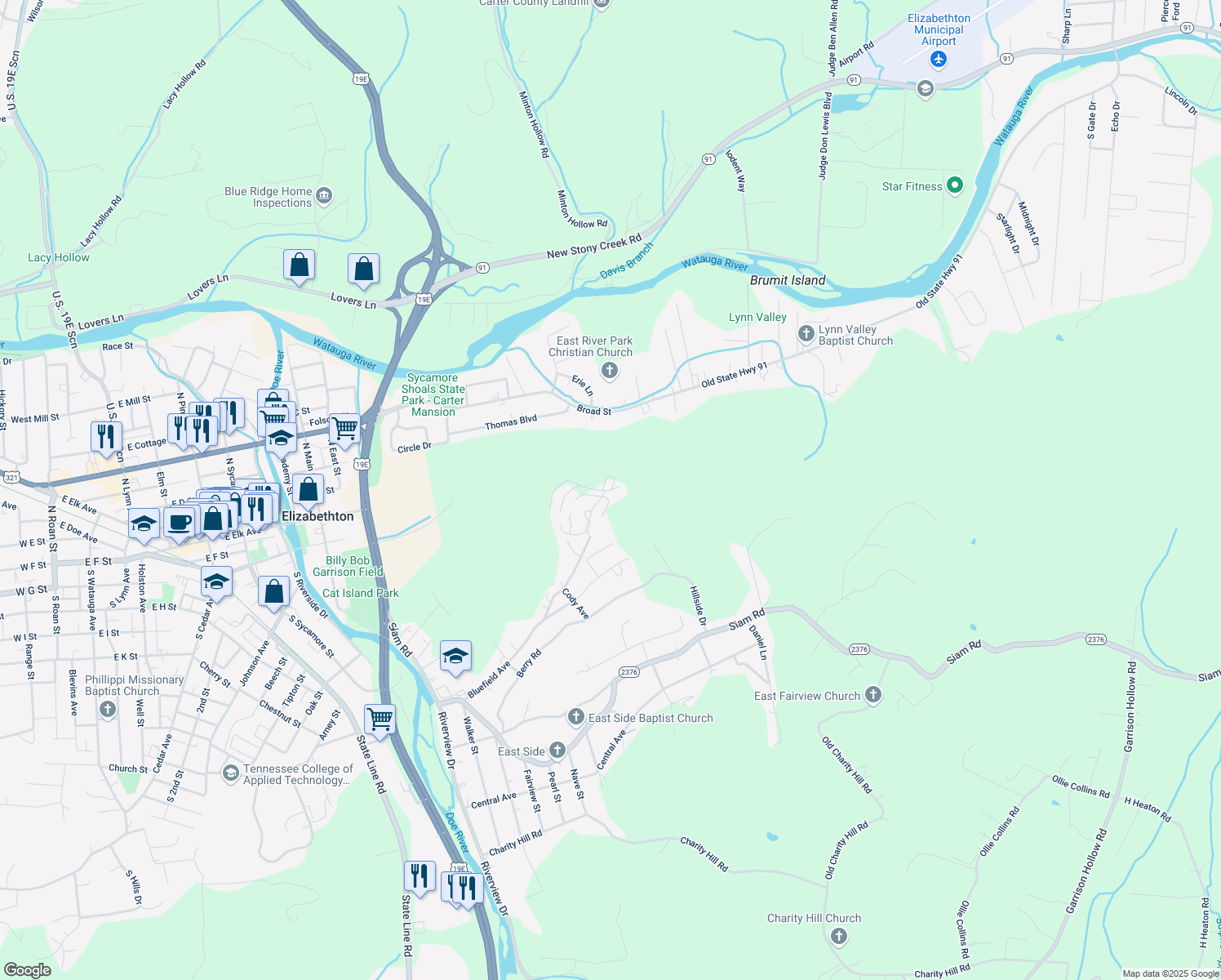 map of restaurants, bars, coffee shops, grocery stores, and more near 1300 Bluefield Avenue in Elizabethton