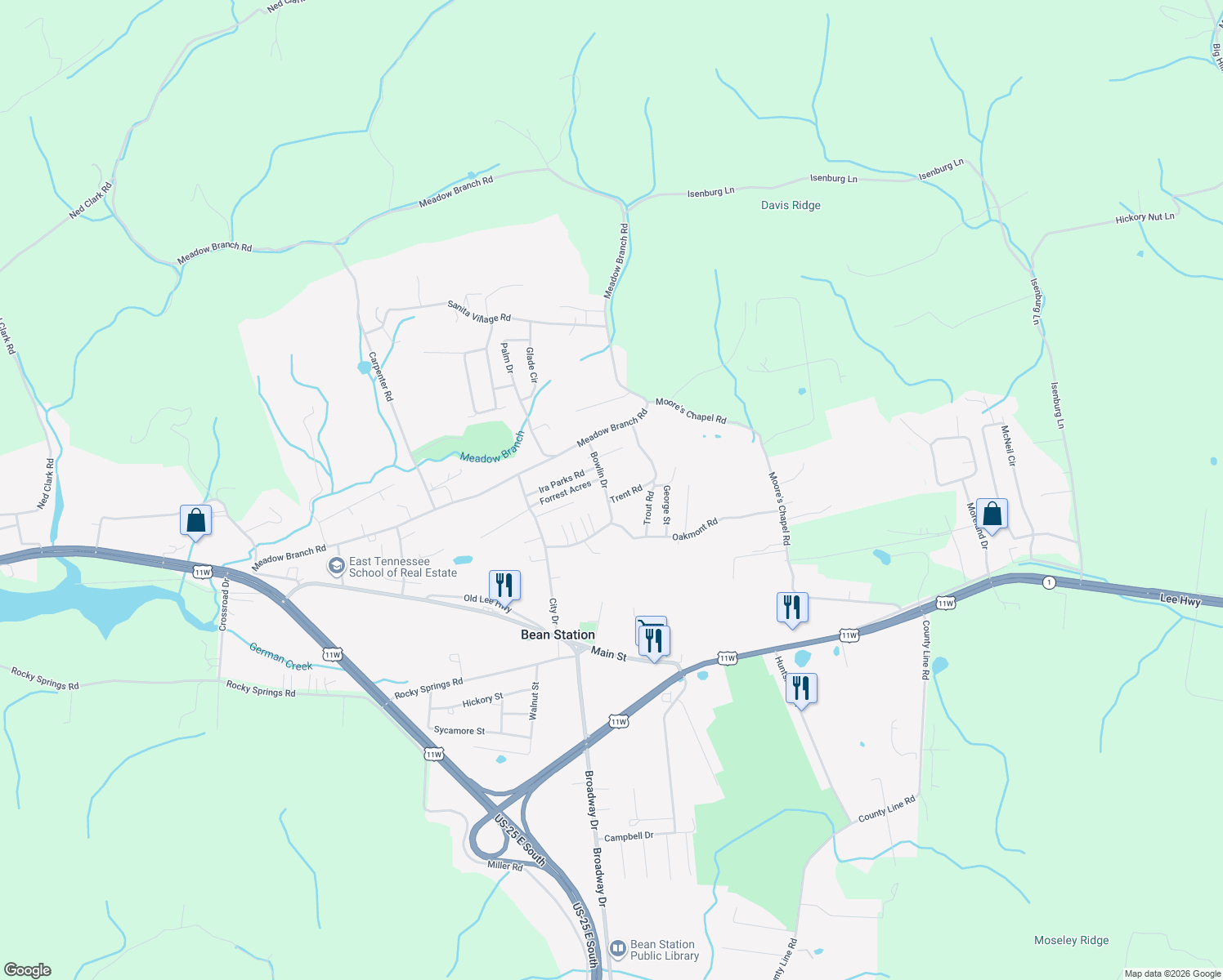 map of restaurants, bars, coffee shops, grocery stores, and more near 118 Bowlin Dr in Bean Station