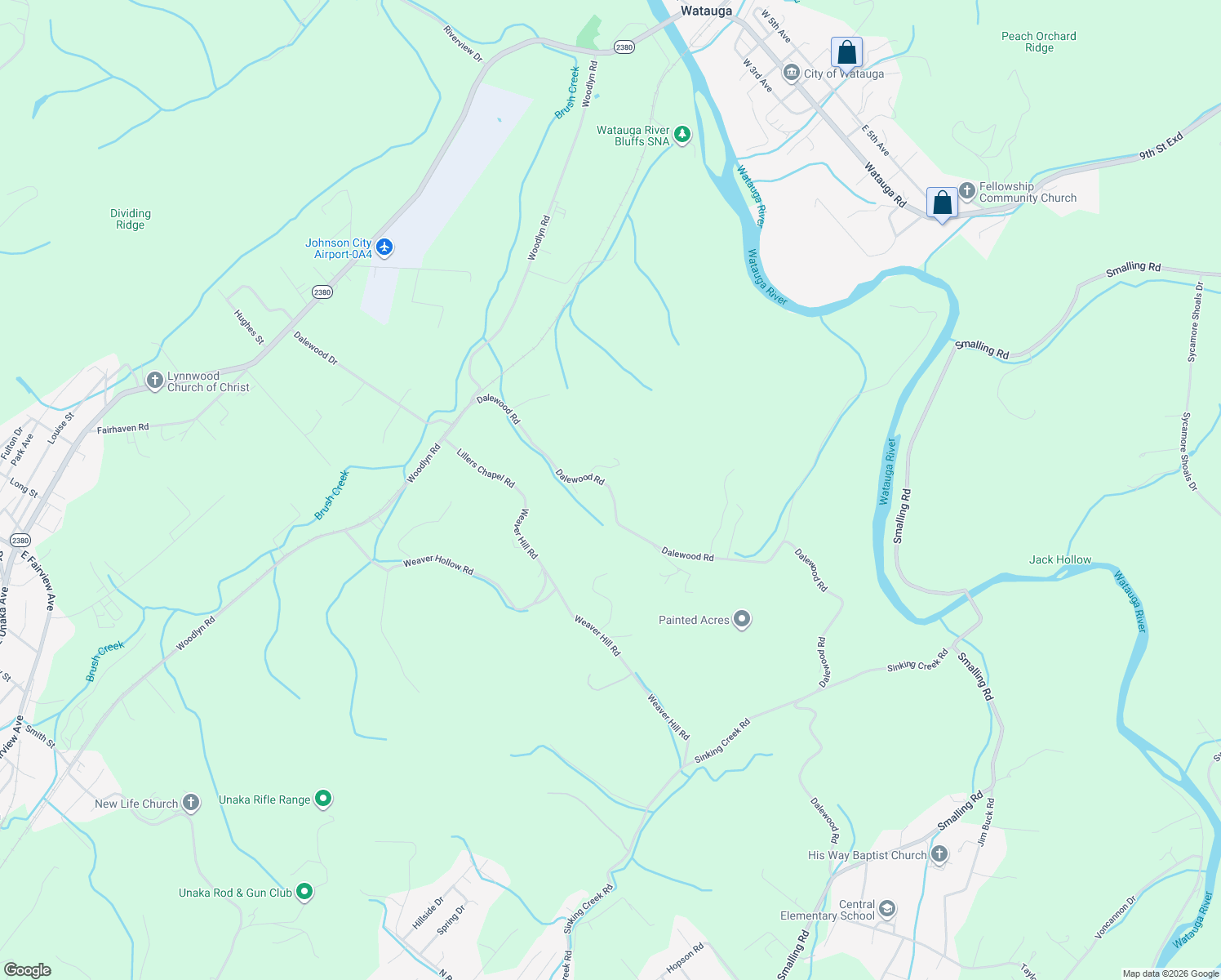 map of restaurants, bars, coffee shops, grocery stores, and more near Dalewood Road in Johnson City