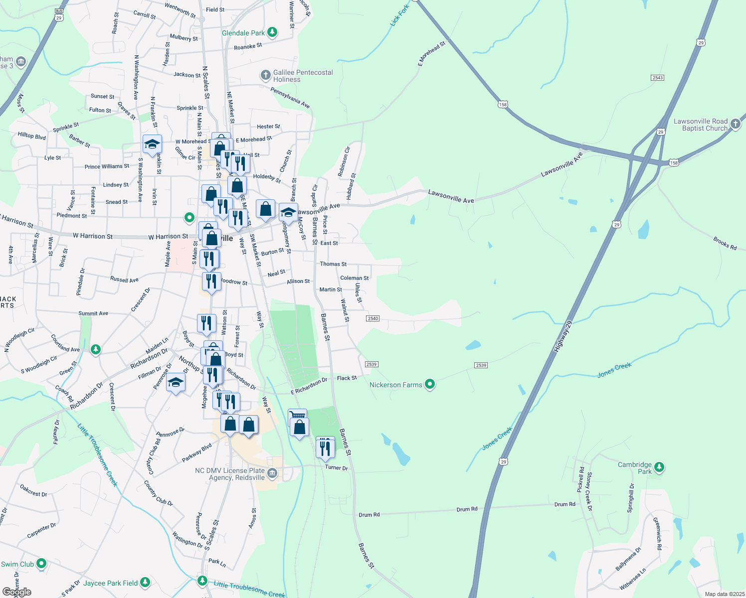 map of restaurants, bars, coffee shops, grocery stores, and more near 700 Walker St in Reidsville