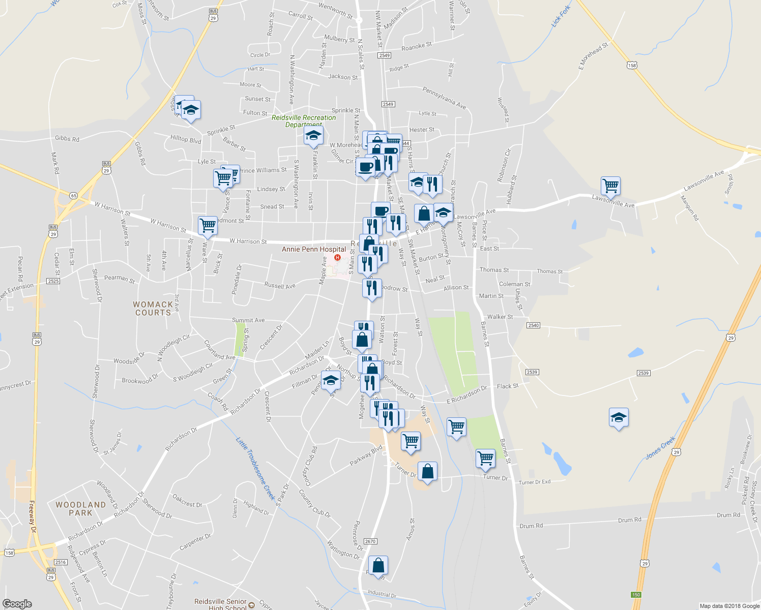 map of restaurants, bars, coffee shops, grocery stores, and more near 718 Watson Street in Reidsville