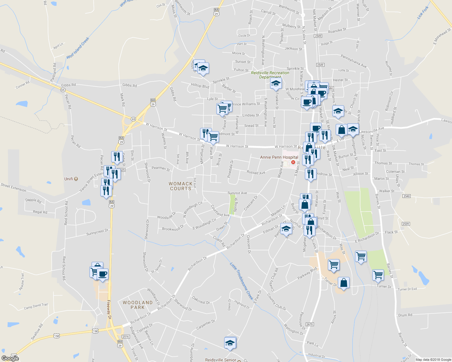 map of restaurants, bars, coffee shops, grocery stores, and more near 319 Pinedale Drive in Reidsville