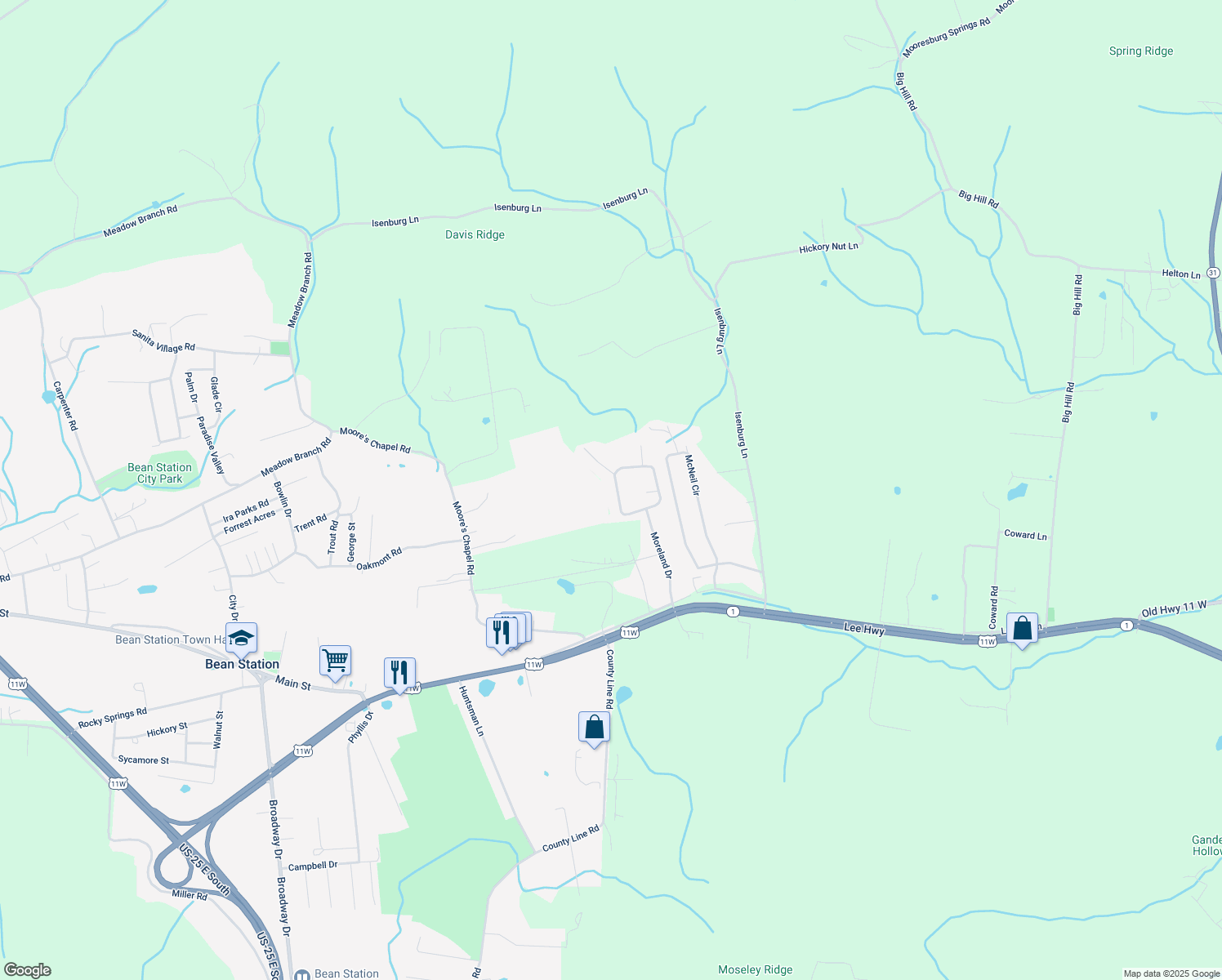 map of restaurants, bars, coffee shops, grocery stores, and more near 260 Clover Circle in Mooresburg