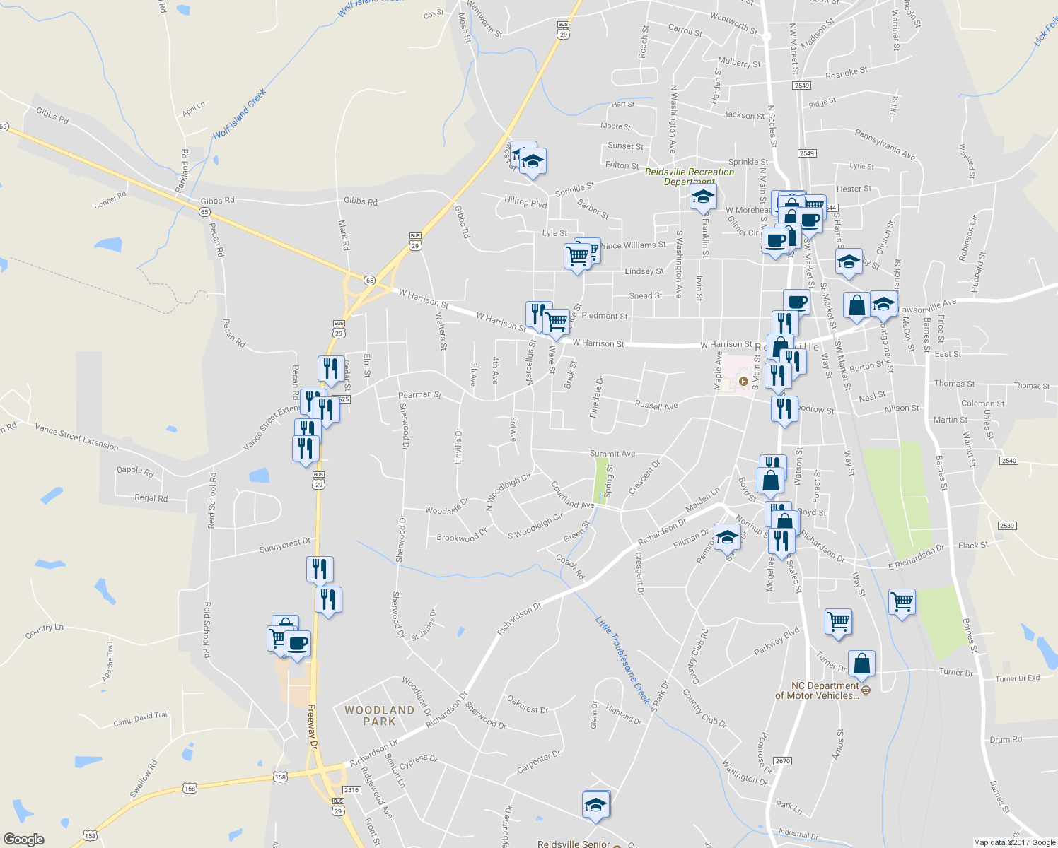 map of restaurants, bars, coffee shops, grocery stores, and more near 1715 Courtland Avenue in Reidsville