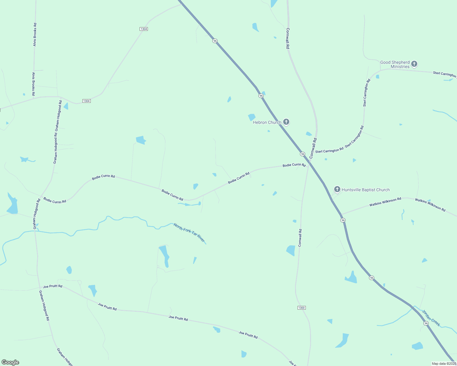 map of restaurants, bars, coffee shops, grocery stores, and more near 2609 Bodie Currin Road in Oxford