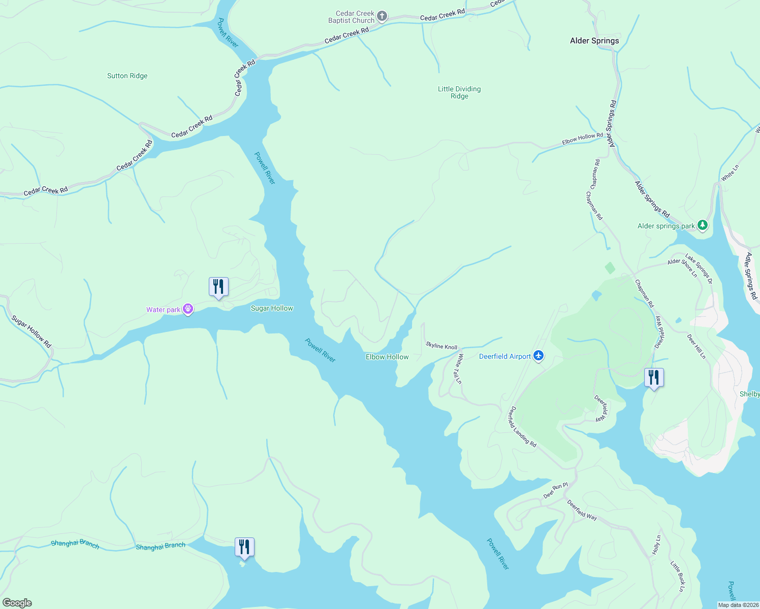 map of restaurants, bars, coffee shops, grocery stores, and more near 131 Pinnacle Lane in LaFollette
