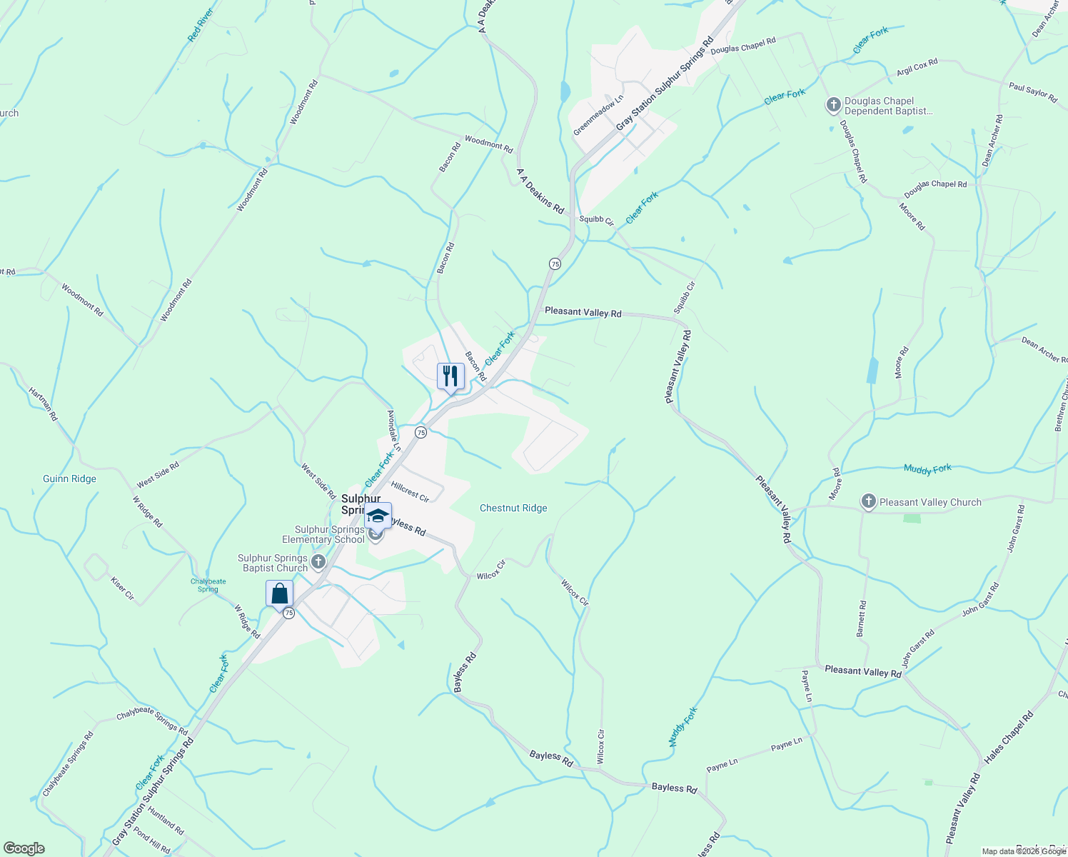 map of restaurants, bars, coffee shops, grocery stores, and more near 158 Highland Road in Jonesborough