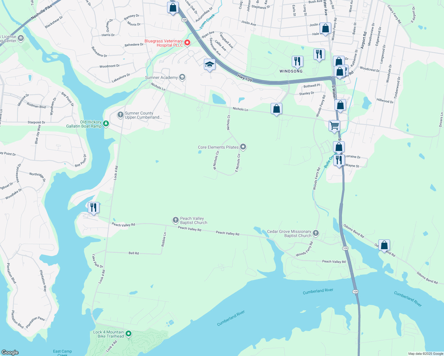 map of restaurants, bars, coffee shops, grocery stores, and more near 1090 East Nichols Circle in Gallatin