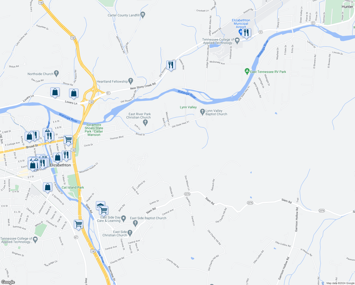 map of restaurants, bars, coffee shops, grocery stores, and more near 1302 Broad Street in Elizabethton