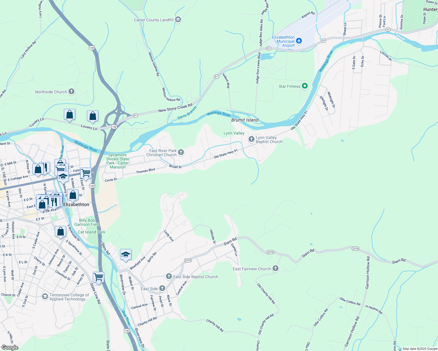 map of restaurants, bars, coffee shops, grocery stores, and more near 1302 Broad Street in Elizabethton