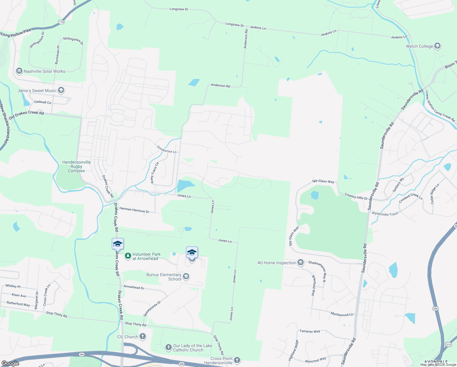 map of restaurants, bars, coffee shops, grocery stores, and more near 512 Jones Lane in Hendersonville