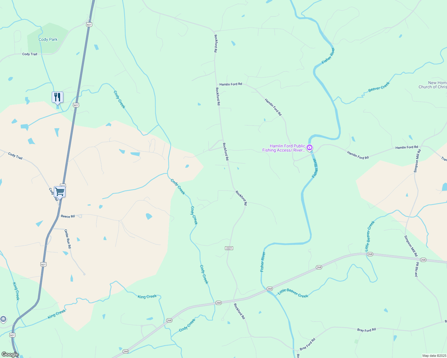 map of restaurants, bars, coffee shops, grocery stores, and more near 1400 Rockford Road in Dobson