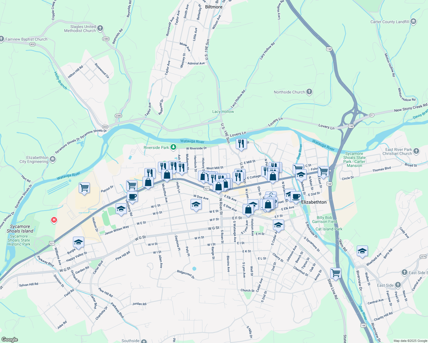 map of restaurants, bars, coffee shops, grocery stores, and more near 622 Walnut St in Elizabethton