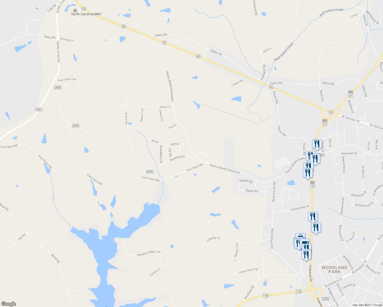 map of restaurants, bars, coffee shops, grocery stores, and more near 3435 Vance Street Extension in Reidsville