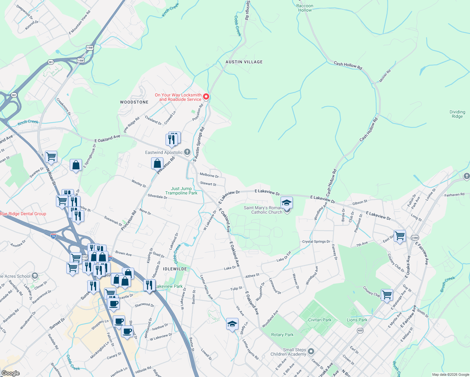 map of restaurants, bars, coffee shops, grocery stores, and more near 2422 E Lakeview Dr in Johnson City