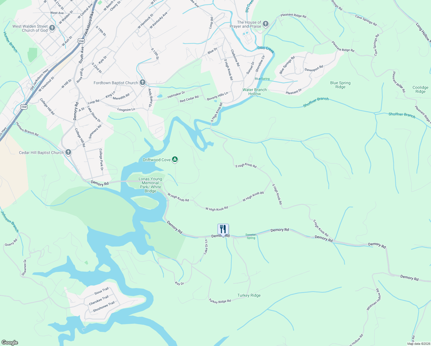 map of restaurants, bars, coffee shops, grocery stores, and more near 694 South High Knob Road in LaFollette