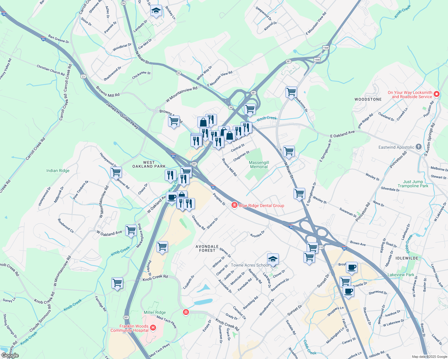 map of restaurants, bars, coffee shops, grocery stores, and more near 608 Hazel St in Johnson City