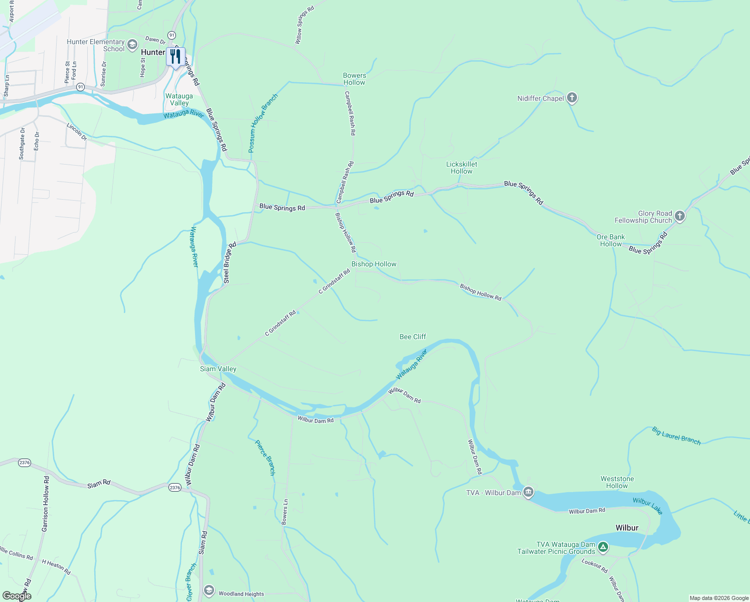 map of restaurants, bars, coffee shops, grocery stores, and more near 164 Bishop Hollow Road in Elizabethton