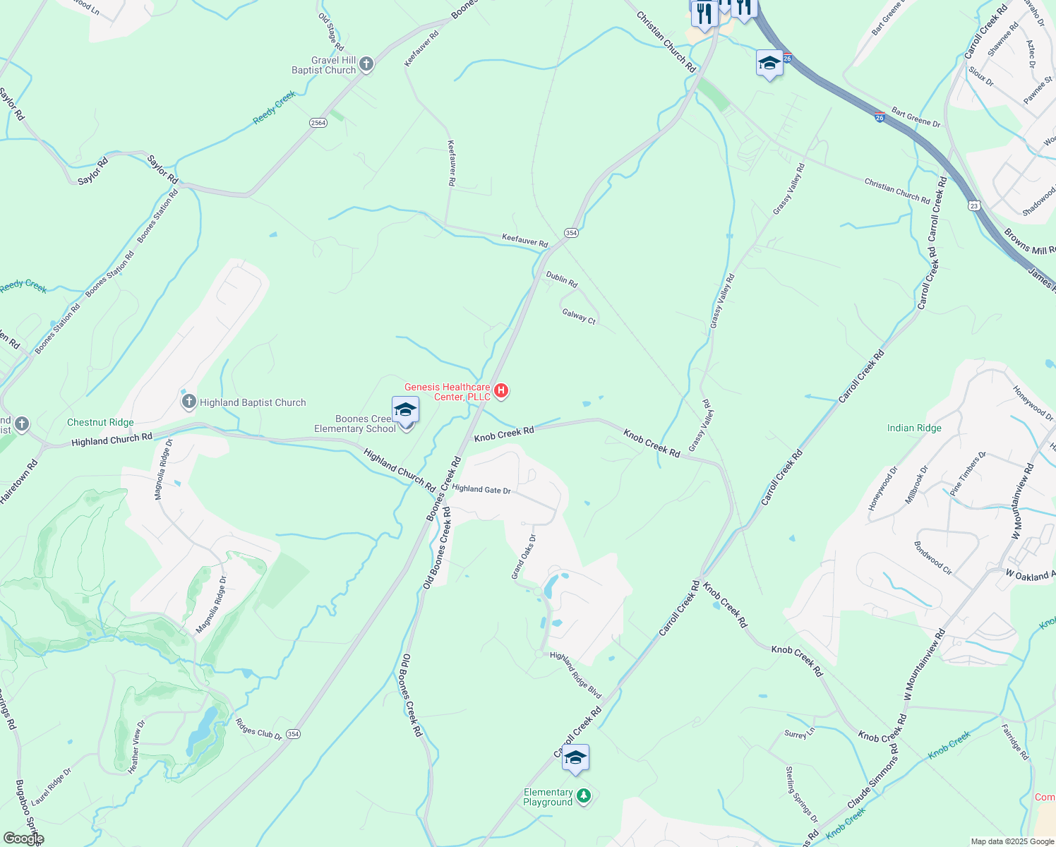 map of restaurants, bars, coffee shops, grocery stores, and more near 3224 Knob Creek Road in Gray