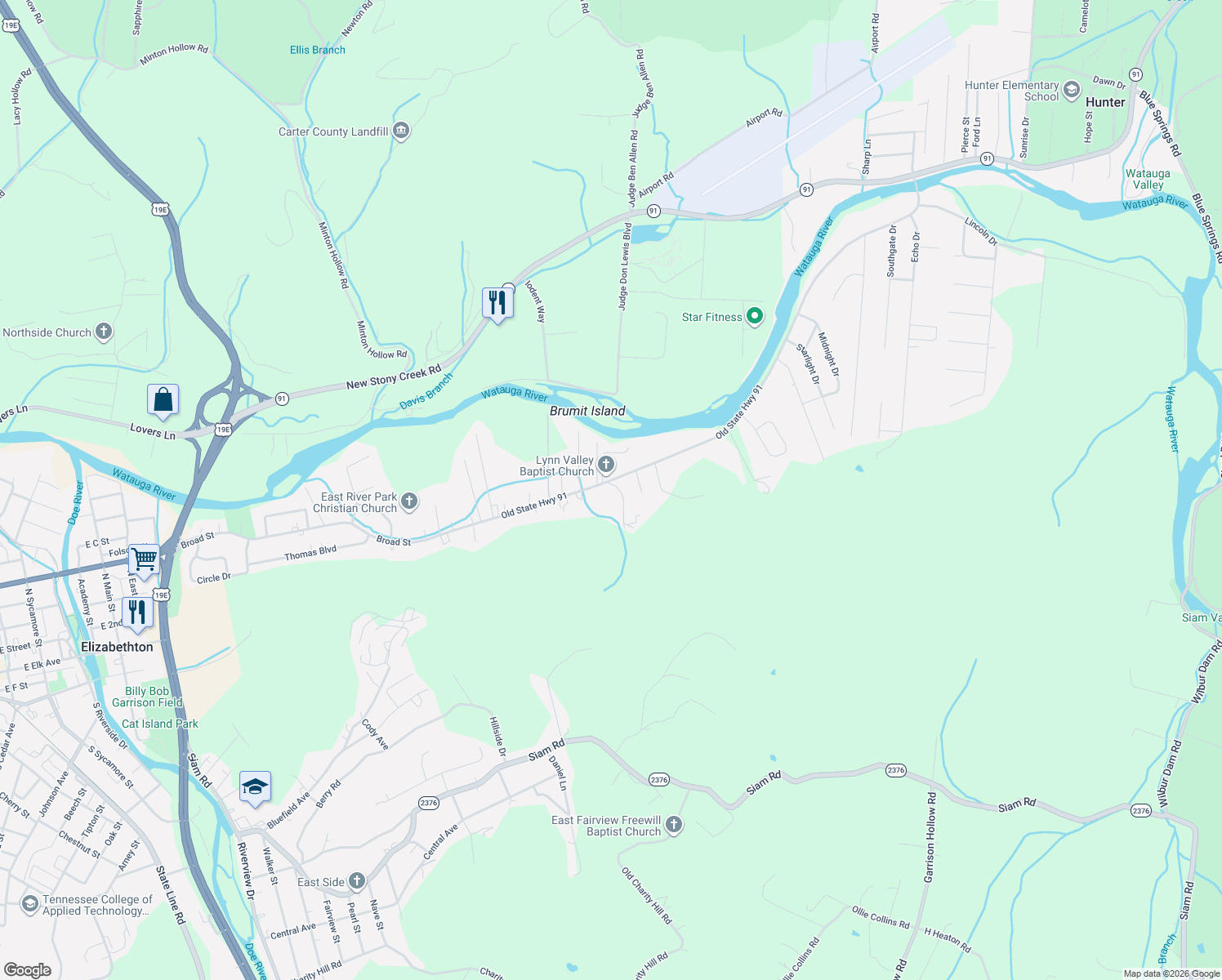map of restaurants, bars, coffee shops, grocery stores, and more near 108 Rainbolt Lane in Elizabethton