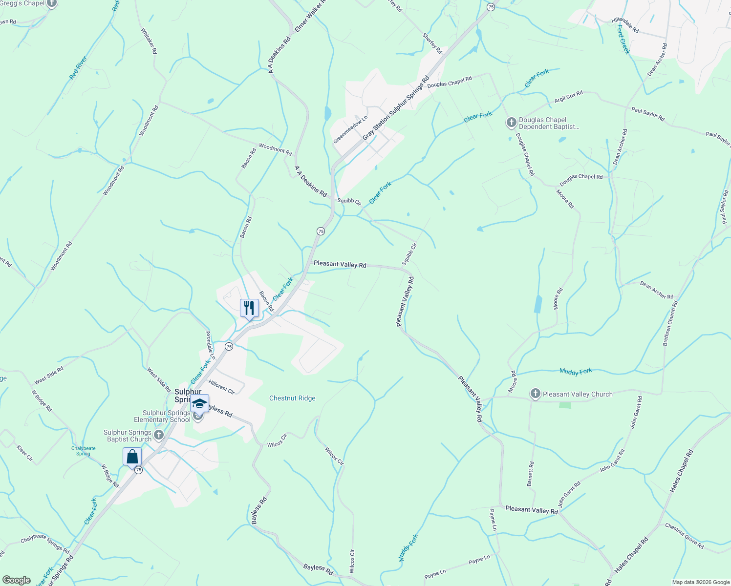 map of restaurants, bars, coffee shops, grocery stores, and more near 139 Bob Walker Road in Jonesborough