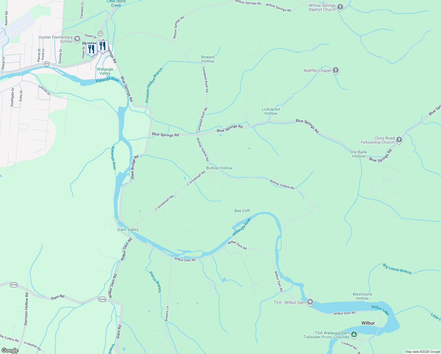 map of restaurants, bars, coffee shops, grocery stores, and more near 164 Bishop Hollow Road in Elizabethton