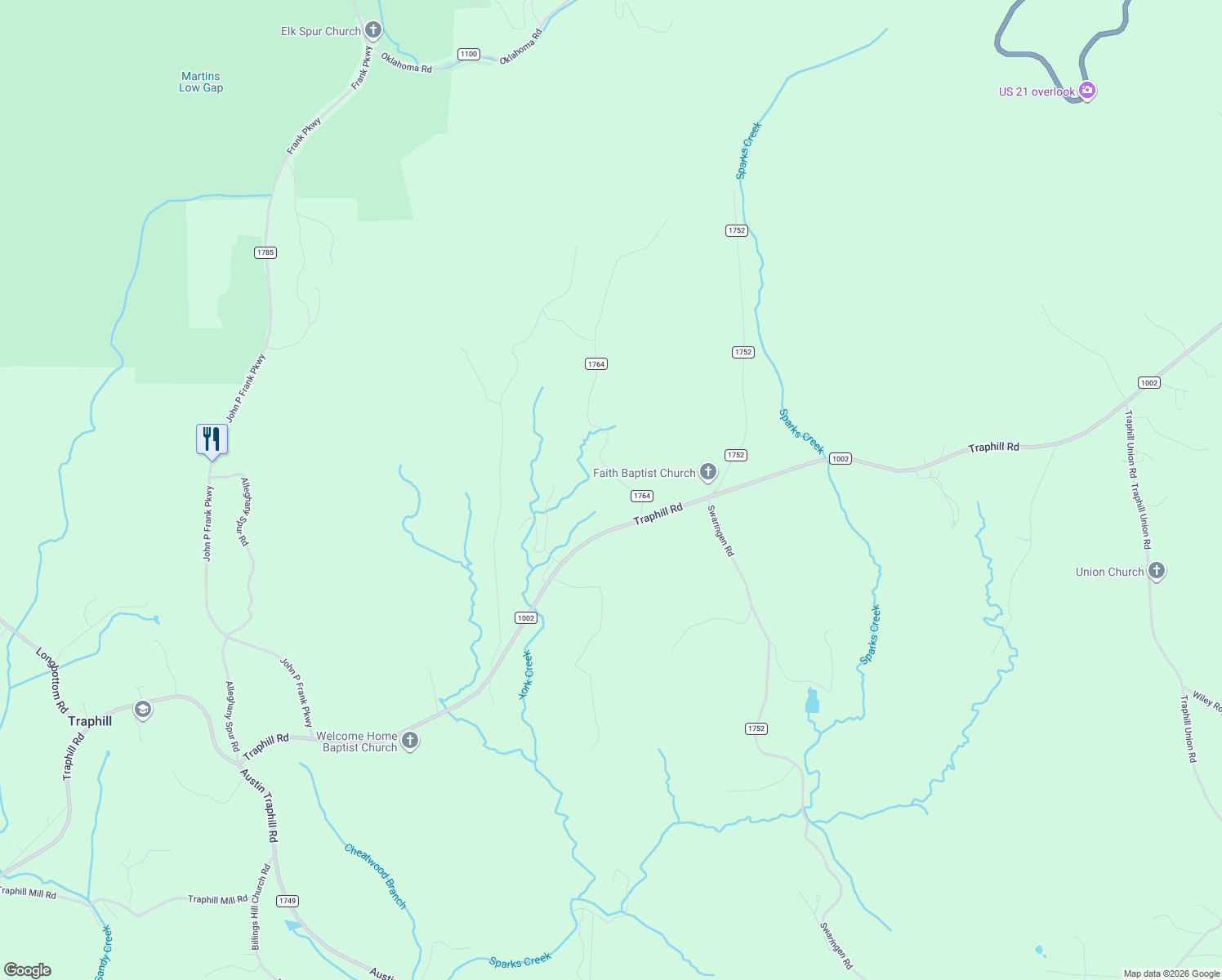 map of restaurants, bars, coffee shops, grocery stores, and more near 305 Tidline Road in Traphill