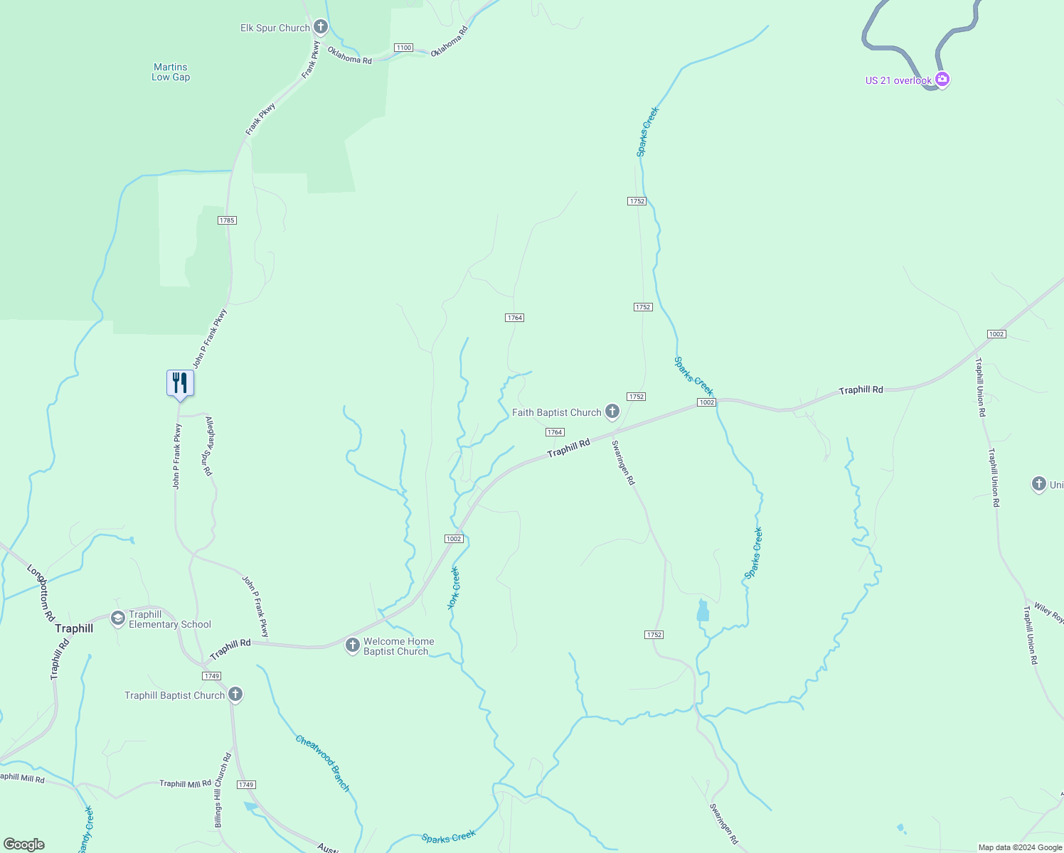 map of restaurants, bars, coffee shops, grocery stores, and more near 305 Tidline Road in Traphill