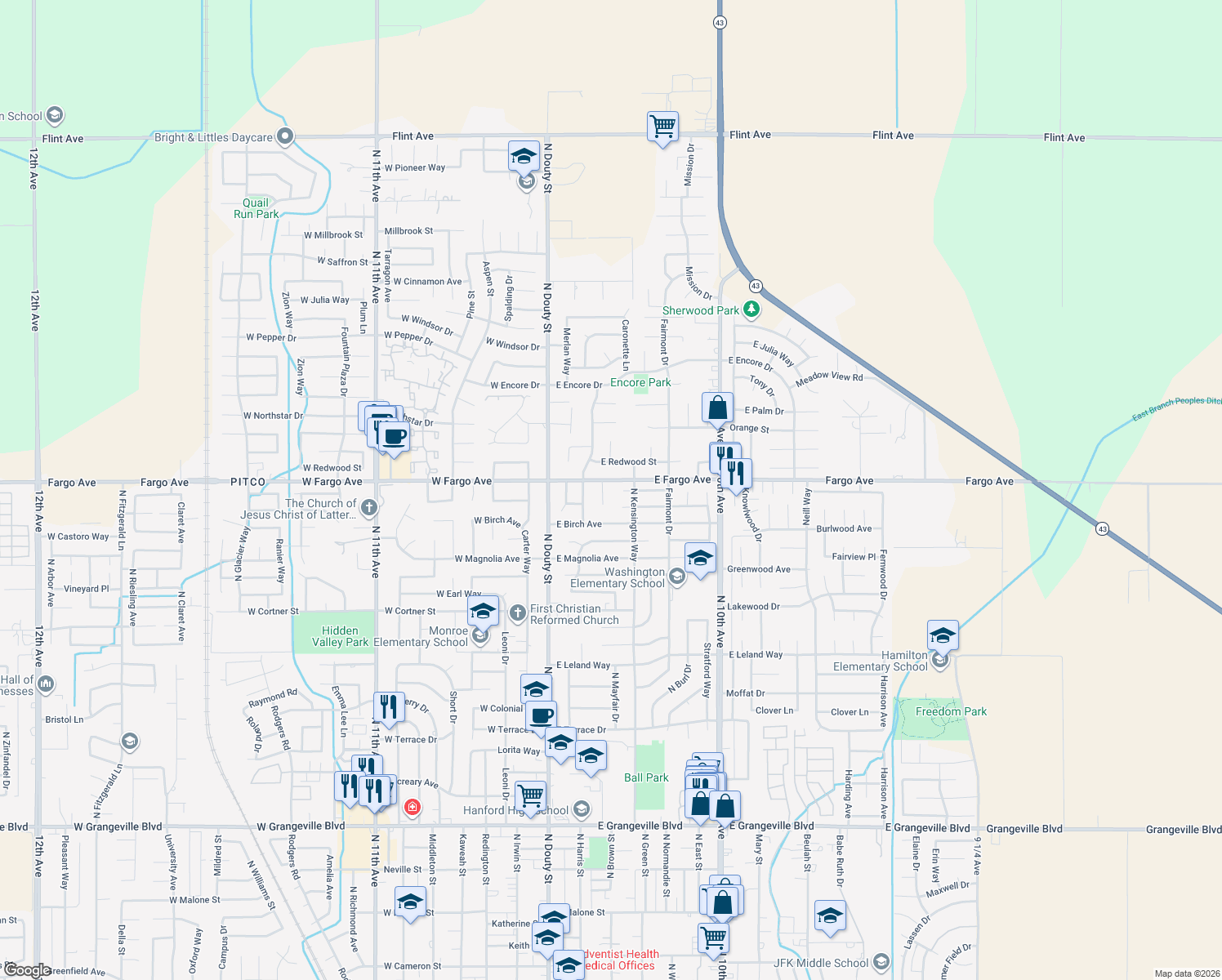 map of restaurants, bars, coffee shops, grocery stores, and more near 2487 Santa Lucia Ct in Hanford